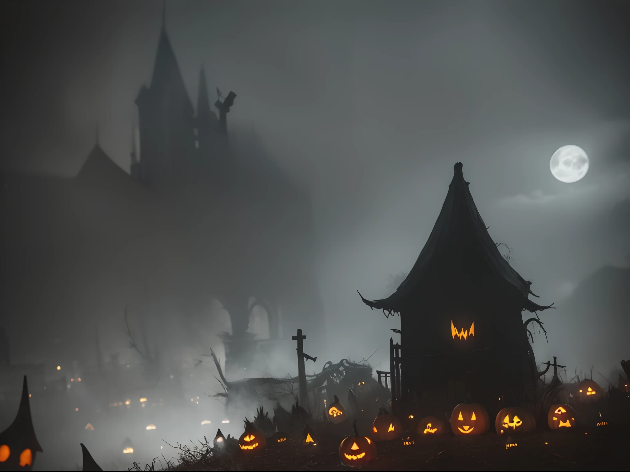 (high quality,realistic),witch costume ghost,large breast,scary,haunted,spooky,nighttime,dark forest,dramatic lighting,horror movie poster,colorful,makeup,grimace,pointy hat,illuminated jack-o'-lanterns,witch broom,haunting,moonlight,ominous atmosphere,menacing vibe,pumpkin carving,crowded graveyard,unsettling,terrifying,shadowy figure,witch's cauldron,mysterious fog,sinister laughter,witchcraft spells,gothic,macabre ambiance,creepy trees,dreadful specter,haunted house,ominous clouds,nightmarish,terrified expression,eerie sounds,zombies in the background,evil incarnate