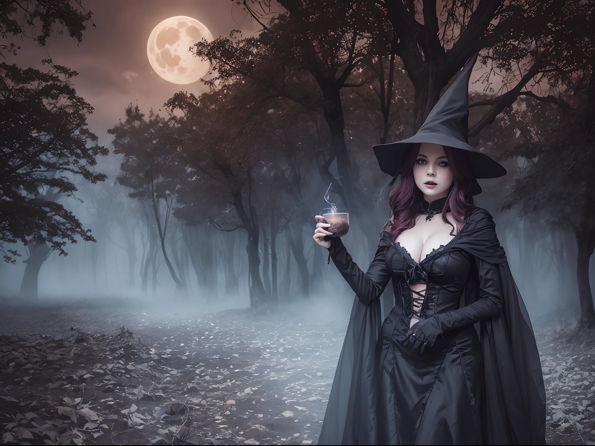 (best quality,4k,8k,highres,masterpiece:1.2),ultra-detailed,(realistic,photorealistic,photo-realistic:1.37),Halloween,ghost dressed as a witch,fear,terror,witch costume,large breasts,spooky atmosphere,dark and eerie lighting,menacing shadows,macabre ambiance,sinister vibes,surreal,hauntingly beautiful,creepy atmosphere,mysterious fog,magical spellbinding,spellbound viewers,heart-pounding suspense,supernatural beings,otherworldly enchantment,dramatic,gothic-inspired setting,mystical aura,gloomy moonlit night,ominous presence,scary and alluring,hauntingly seductive,frightfully captivating,horror movie-esque,nightmarish essence,little girl in a witch costume with glowing eyes,horror-themed portrait,autumnal colors,witch hat,frightening facial expressions,details of witch's hat,witch's broomstick,wispy tendrils of ghost's clothing,ethereal,ghostly figure,pale complexion,ghostly transparency,creeping shadows,spooky pumpkin patch,carved pumpkins with wicked grins,Jack-o'-lanterns,curling tendrils of pumpkin vines,dark forest backdrop,silhouettes of twisted trees,ominous moon in the background,howls of distant creatures,shrieks and cackles in the air,creaking of old wooden doors,rotting leaves on the ground,nighttime festivities,eerie music playing,wraithlike figures dancing in the moonlight,wickedly enchanting scene,mesmerizing illustrations,detailed textures,horror-themed masterpiece,haunted dreamland,captivating artwork evoking Halloween spirits and scare.
