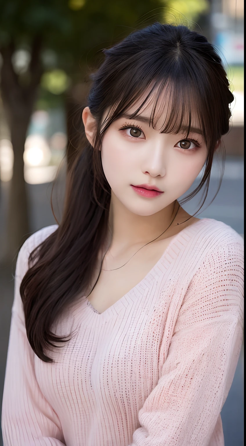 finely detail, hight resolution, hightquality、Perfect dynamic composition, Beautiful detailed eyes, Medium Hair, small tits、Natural Color Lip,Kamimei、Shibuya、20 years girl、1 persons、Transparent skin、Glowing hair、masutepiece, Best Quality, Illustration, Ultra-detailed, finely detail, hight resolution, 8K、The correct state of the human body、Randomly cute poses,Ponytail hair,beauty legs,Perfect beautiful face,KPOP Idol Face,Face that feels ecstasy,Pale light pink knitted dress,Background blur,Do Guts Pose