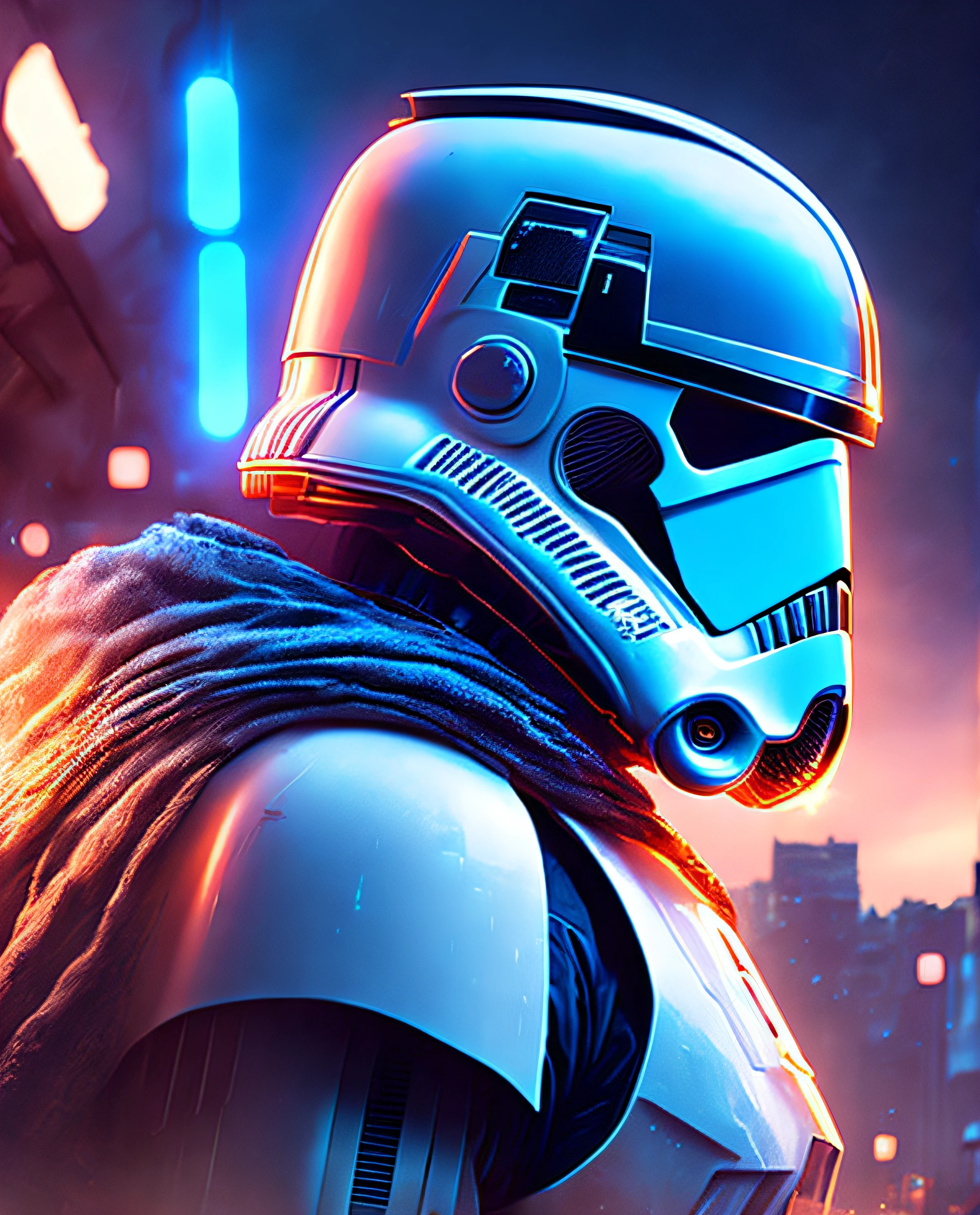 gloomy portrait of Stormtrooper from Star Wars, extremely detailed, futuristic cityscape, nighttime, glowing neon lights, smoke, sparks, metal shavings, flying debris, blue energy effects, volumetric light