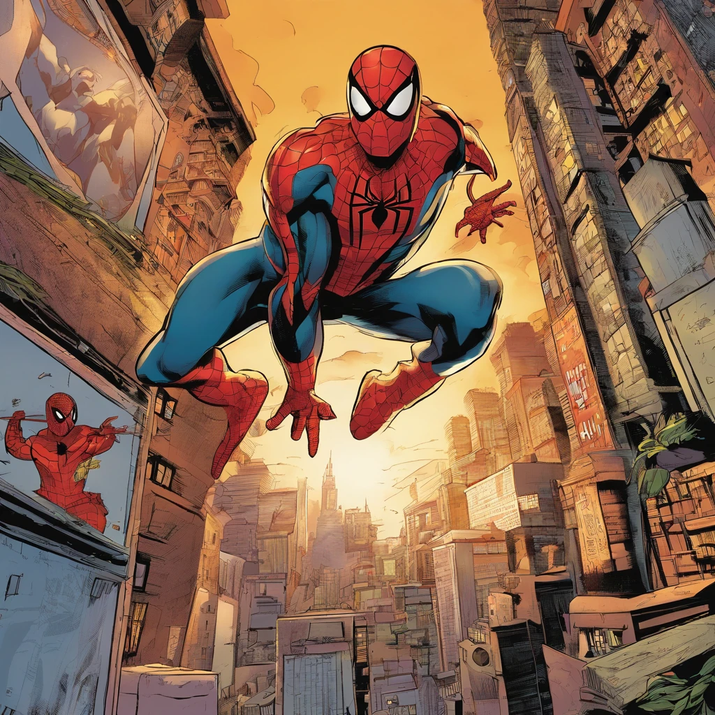 Uma HQ do Homem-Aranha, with panels full of action and movement, depicting the hero swinging between the buildings of New York, facing off against iconic villains and displaying their superhuman agility and strength