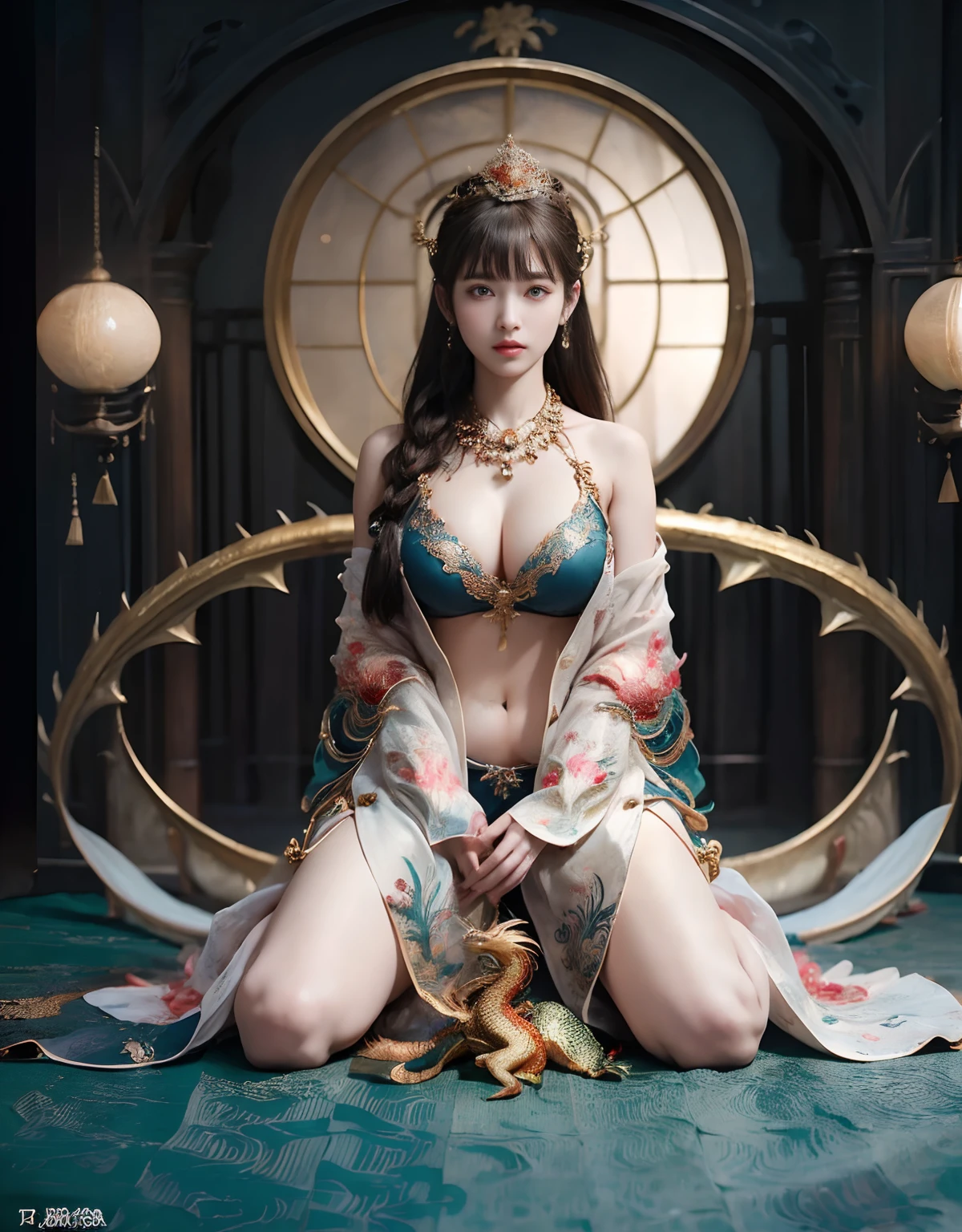 (Fight fiercely with dragons)、top-quality、​masterpiece、超A high resolution、（White Dragon Armor）、(((Colossal tits))),(((Variety of hairstyles))、(((Take different poses))),(Wearing a beautiful crown made of jewels),(Photorealsitic:1.4)、Raw photo、女の子1人、Golden hair、glowy skin、(((Japan Dragon)))、(((maikurobikini))),（Gorgeous Jewelry Necklaces）、（Mystical expression）、（Full Body Angle）、（Fight big dragons）、A dark-haired、poneyTail、With a beautiful knife、（Detailed Blue Metal Bikini）、(Detailed and beautiful flower garden)、Precipitous cliffs、(Castle background)、((super realistic details))、portlate、globalillumination、（sexypose）、Shadow、octan render、（Random hair）、8K、ultrasharp、Colossal tits、Raw skin is exposed in cleavage、metals、Details of complex ornaments、Japan details、highly intricate detail、Realistic light、CGSoation Trends、Blue eyes、radiant eyes、Facing the camera、Precipitous cliffs、Toostock、（Full Body Angle）、（veils）、(((Heavy Big))),