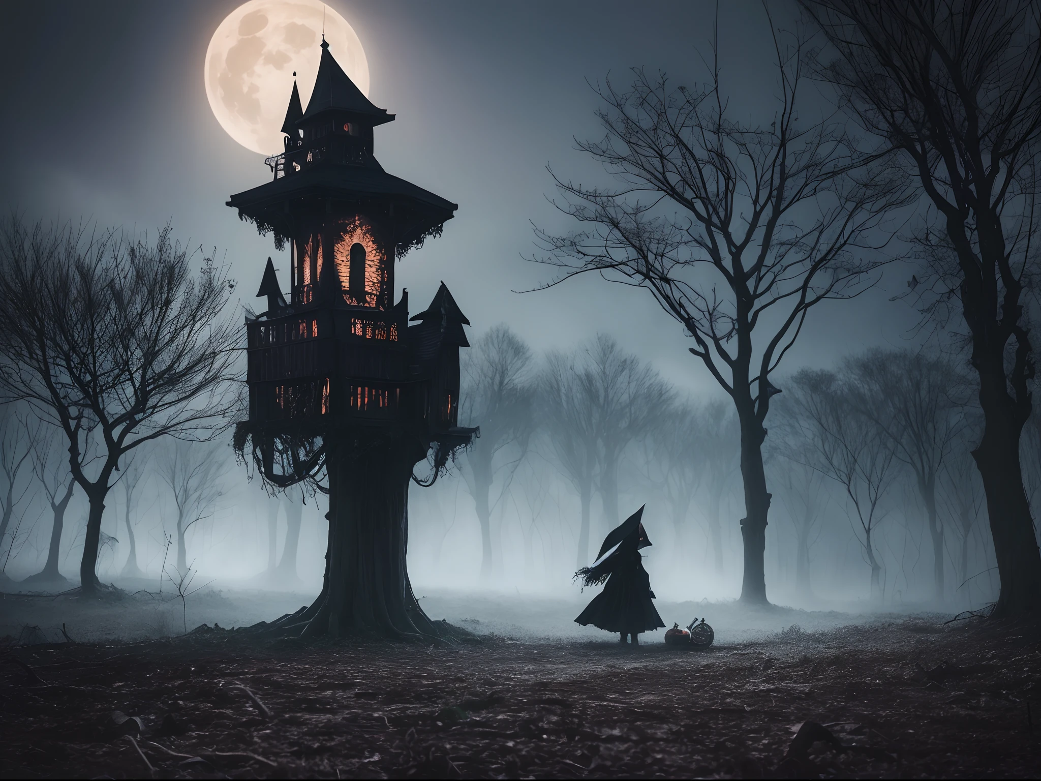 (best quality,4k,8k,highres,masterpiece:1.2),ultra-detailed,(realistic,photorealistic,photo-realistic:1.37),Halloween,ghost dressed as a witch,fear,terror,witch costume,large breasts,spooky atmosphere,dark and eerie lighting,menacing shadows,macabre ambiance,sinister vibes,surreal,hauntingly beautiful,creepy atmosphere,mysterious fog,magical spellbinding,spellbound viewers,heart-pounding suspense,supernatural beings,otherworldly enchantment,dramatic,gothic-inspired setting,mystical aura,gloomy moonlit night,ominous presence,scary and alluring,hauntingly seductive,frightfully captivating,horror movie-esque,nightmarish essence, girl in a witch costume with glowing eyes,horror-themed portrait,autumnal colors,witch hat,frightening facial expressions,details of witch's hat,witch's broomstick,wispy tendrils of ghost's clothing,ethereal,ghostly figure,pale complexion,ghostly transparency,creeping shadows,spooky pumpkin patch,carved pumpkins with wicked grins,Jack-o'-lanterns,curling tendrils of pumpkin vines,dark forest backdrop,silhouettes of twisted trees,ominous moon in the background,howls of distant creatures,shrieks and cackles in the air,creaking of old wooden doors,rotting leaves on the ground,nighttime festivities,eerie music playing,wraithlike figures dancing in the moonlight,wickedly enchanting scene,mesmerizing illustrations,detailed textures,horror-themed masterpiece,haunted dreamland,captivating artwork evoking Halloween spirits and scare.