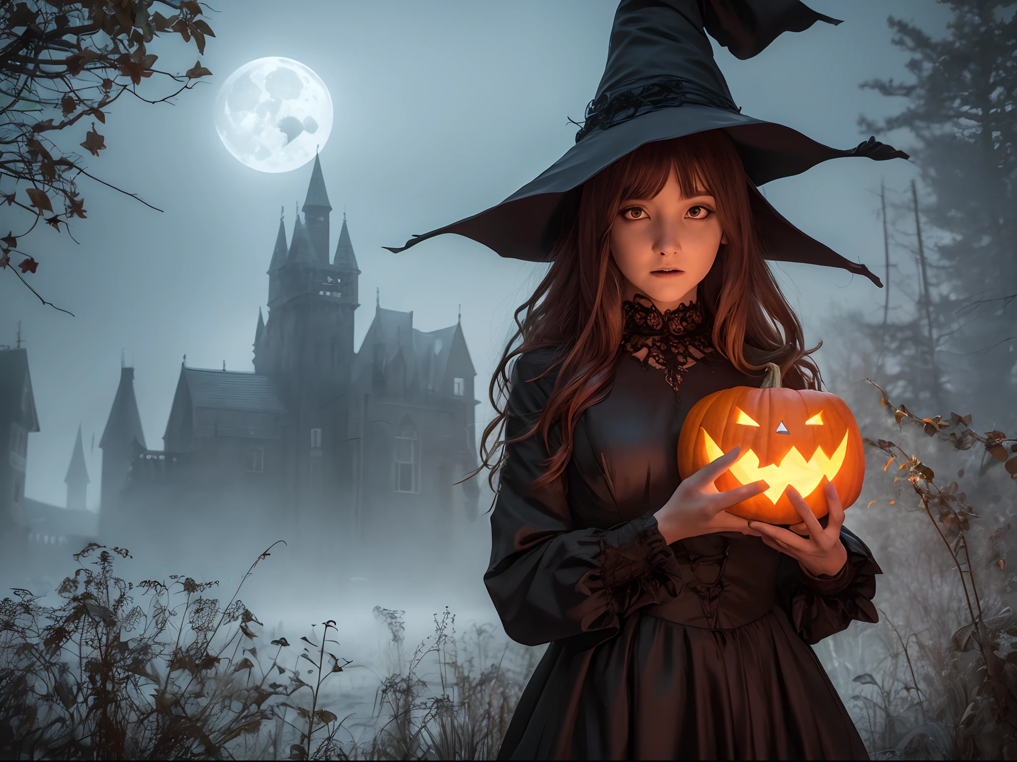 (best quality,4k,8k,highres,masterpiece:1.2),ultra-detailed,(realistic,photorealistic,photo-realistic:1.37),Halloween,ghost dressed as a witch,fear,terror,witch costume,large breasts,spooky atmosphere,dark and eerie lighting,menacing shadows,macabre ambiance,sinister vibes,surreal,hauntingly beautiful,creepy atmosphere,mysterious fog,magical spellbinding,spellbound viewers,heart-pounding suspense,supernatural beings,otherworldly enchantment,dramatic,gothic-inspired setting,mystical aura,gloomy moonlit night,ominous presence,scary and alluring,hauntingly seductive,frightfully captivating,horror movie-esque,nightmarish essence,little girl in a witch costume with glowing eyes,horror-themed portrait,autumnal colors,witch hat,frightening facial expressions,details of witch's hat,witch's broomstick,wispy tendrils of ghost's clothing,ethereal,ghostly figure,pale complexion,ghostly transparency,creeping shadows,spooky pumpkin patch,carved pumpkins with wicked grins,Jack-o'-lanterns,curling tendrils of pumpkin vines,dark forest backdrop,silhouettes of twisted trees,ominous moon in the background,howls of distant creatures,shrieks and cackles in the air,creaking of old wooden doors,rotting leaves on the ground,nighttime festivities,eerie music playing,wraithlike figures dancing in the moonlight,wickedly enchanting scene,mesmerizing illustrations,detailed textures,horror-themed masterpiece,haunted dreamland,captivating artwork evoking Halloween spirits and scare.