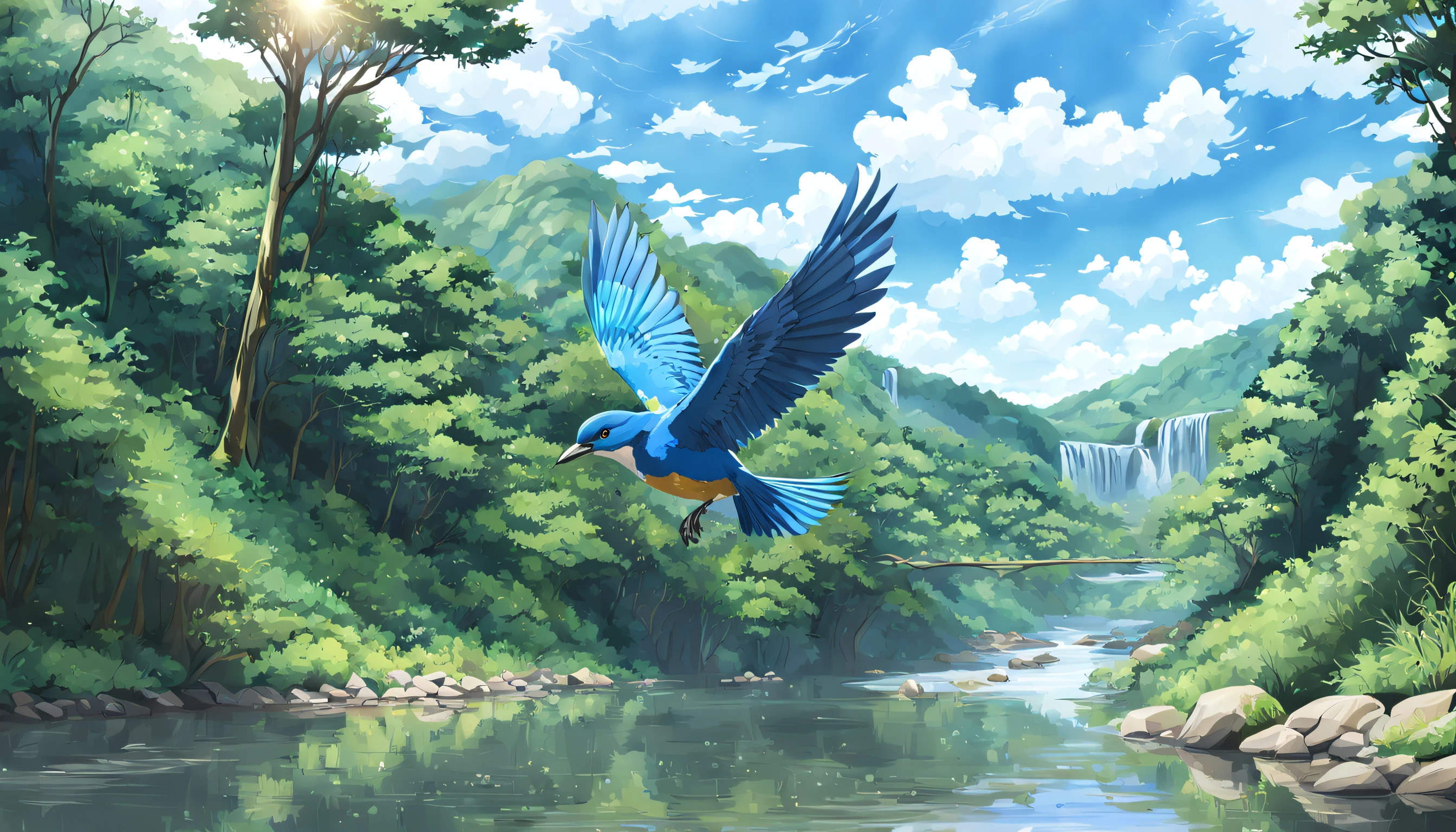 PEAnimeBG. clareira na floresta raios de sol, rio passando, andorinha voando sobre o rio, Blue bird flying over the river, anime, high resolution 4K, Very high detail