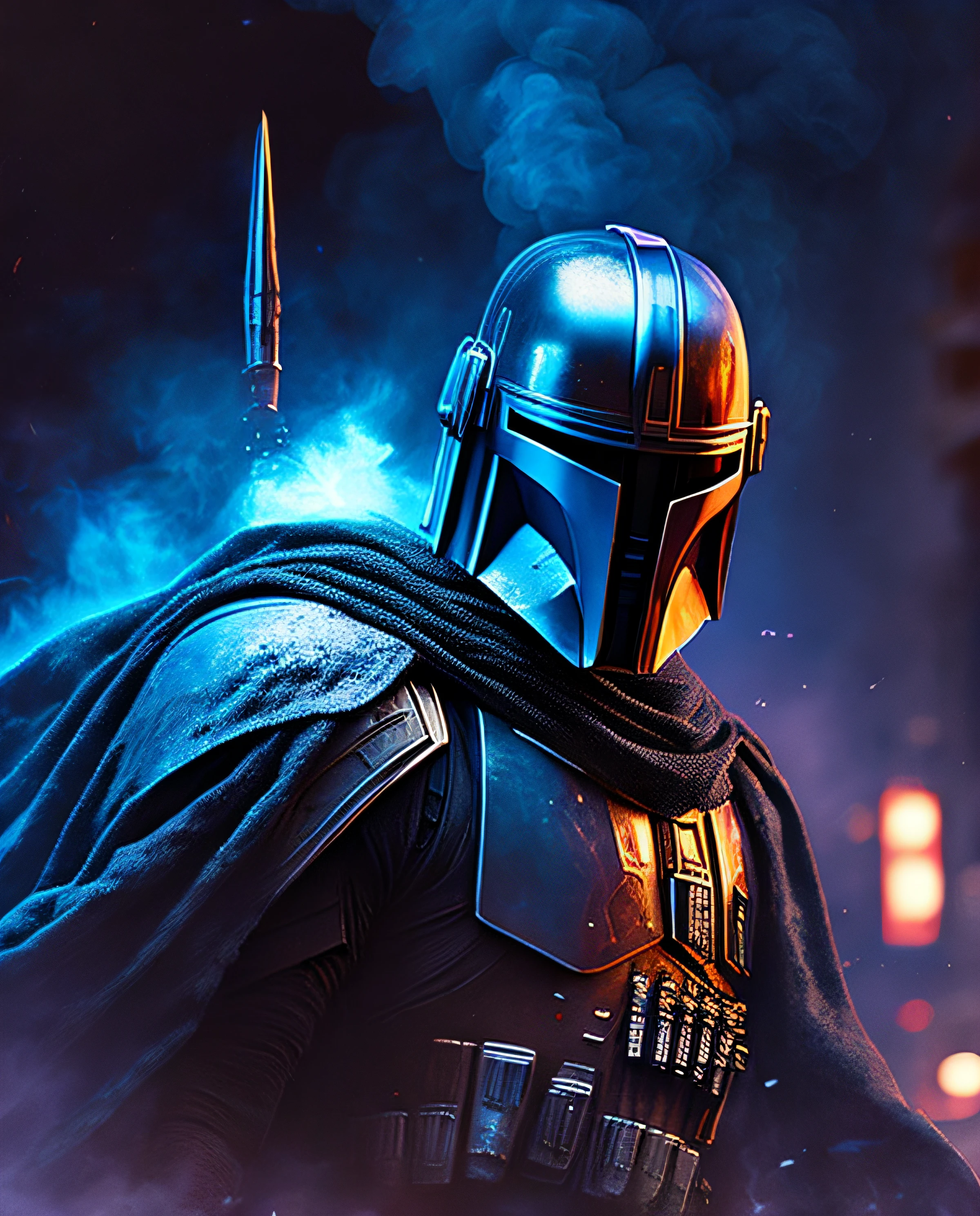gloomy portrait of Mandalorian Horseman of the Apocalypse from Star Wars, extremely detailed, futuristic cityscape, nighttime, glowing neon lights, smoke, sparks, metal shavings, flying debris, blue energy effects, volumetric light