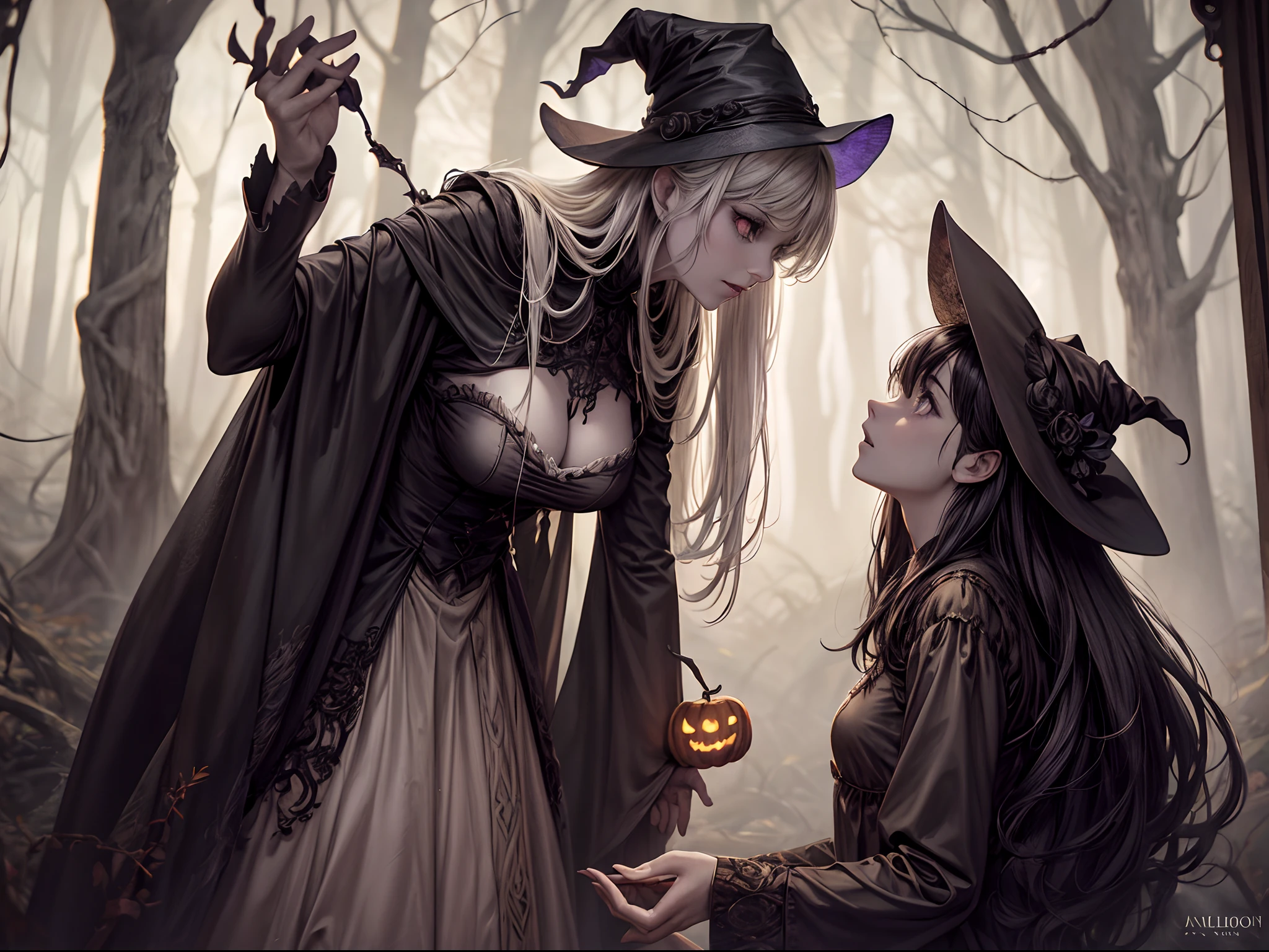 (best quality,4k,8k,highres,masterpiece:1.2),ultra-detailed,(realistic,photorealistic,photo-realistic:1.37),Halloween,ghost dressed as a witch,fear,terror,witch costume,large breasts,spooky atmosphere,dark and eerie lighting,menacing shadows,macabre ambiance,sinister vibes,surreal,hauntingly beautiful,creepy atmosphere,mysterious fog,magical spellbinding,spellbound viewers,heart-pounding suspense,supernatural beings,otherworldly enchantment,dramatic,gothic-inspired setting,mystical aura,gloomy moonlit night,ominous presence,scary and alluring,hauntingly seductive,frightfully captivating,horror movie-esque,nightmarish essence, girl in a witch costume with glowing eyes,horror-themed portrait,autumnal colors,witch hat,frightening facial expressions,details of witch's hat,witch's broomstick,wispy tendrils of ghost's clothing,ethereal,ghostly figure,pale complexion,ghostly transparency,creeping shadows,spooky pumpkin patch,carved pumpkins with wicked grins,Jack-o'-lanterns,curling tendrils of pumpkin vines,dark forest backdrop,silhouettes of twisted trees,ominous moon in the background,howls of distant creatures,shrieks and cackles in the air,creaking of old wooden doors,rotting leaves on the ground,nighttime festivities,eerie music playing,wraithlike figures dancing in the moonlight,wickedly enchanting scene,mesmerizing illustrations,detailed textures,horror-themed masterpiece,haunted dreamland,captivating artwork evoking Halloween spirits and scare.