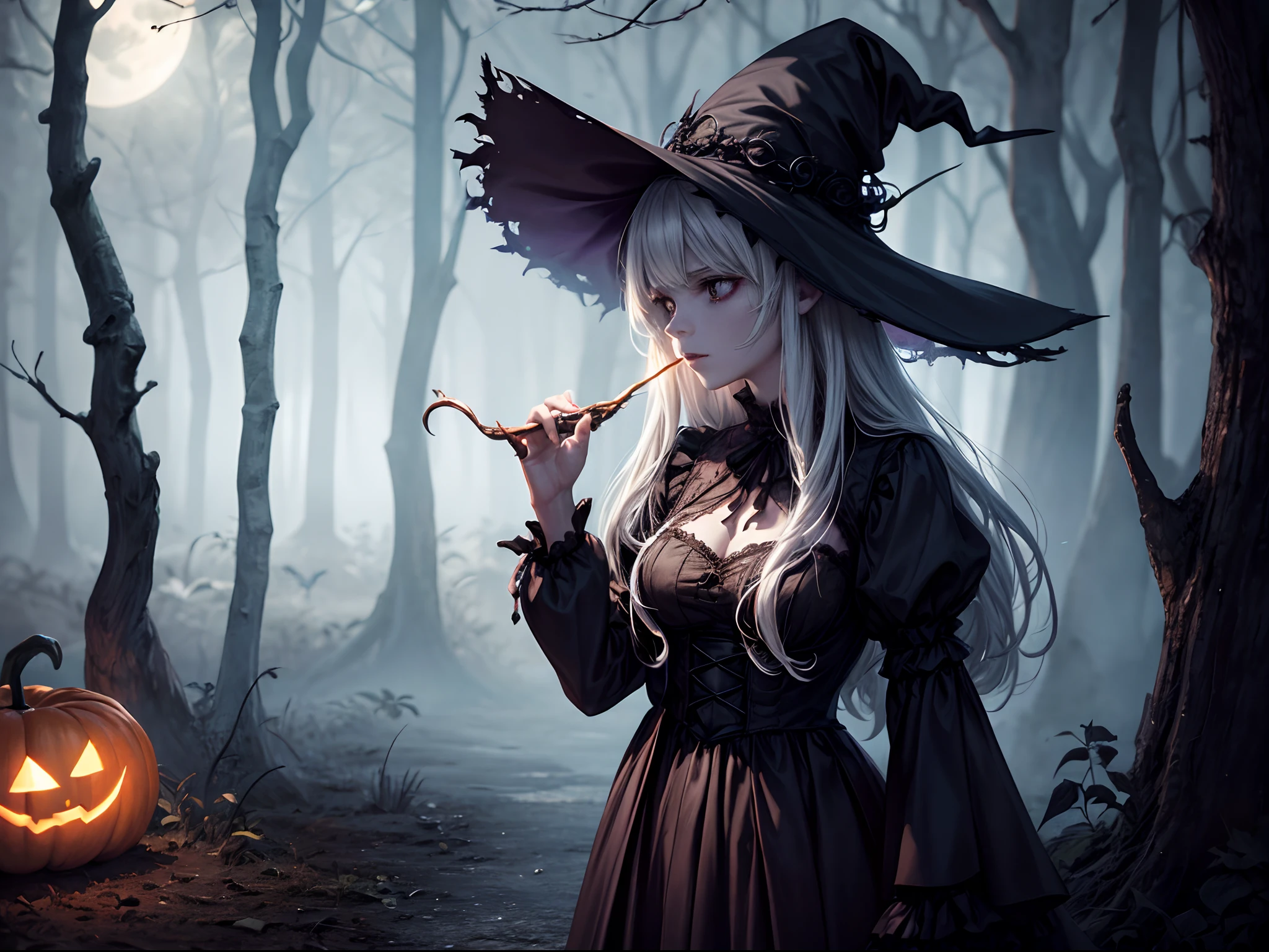 (best quality,4k,8k,highres,masterpiece:1.2),ultra-detailed,(realistic,photorealistic,photo-realistic:1.37),Halloween,ghost dressed as a witch,fear,terror,witch costume,large breasts,spooky atmosphere,dark and eerie lighting,menacing shadows,macabre ambiance,sinister vibes,surreal,hauntingly beautiful,creepy atmosphere,mysterious fog,magical spellbinding,spellbound viewers,heart-pounding suspense,supernatural beings,otherworldly enchantment,dramatic,gothic-inspired setting,mystical aura,gloomy moonlit night,ominous presence,scary and alluring,hauntingly seductive,frightfully captivating,horror movie-esque,nightmarish essence, girl in a witch costume with glowing eyes,horror-themed portrait,autumnal colors,witch hat,frightening facial expressions,details of witch's hat,witch's broomstick,wispy tendrils of ghost's clothing,ethereal,ghostly figure,pale complexion,ghostly transparency,creeping shadows,spooky pumpkin patch,carved pumpkins with wicked grins,Jack-o'-lanterns,curling tendrils of pumpkin vines,dark forest backdrop,silhouettes of twisted trees,ominous moon in the background,howls of distant creatures,shrieks and cackles in the air,creaking of old wooden doors,rotting leaves on the ground,nighttime festivities,eerie music playing,wraithlike figures dancing in the moonlight,wickedly enchanting scene,mesmerizing illustrations,detailed textures,horror-themed masterpiece,haunted dreamland,captivating artwork evoking Halloween spirits and scare.