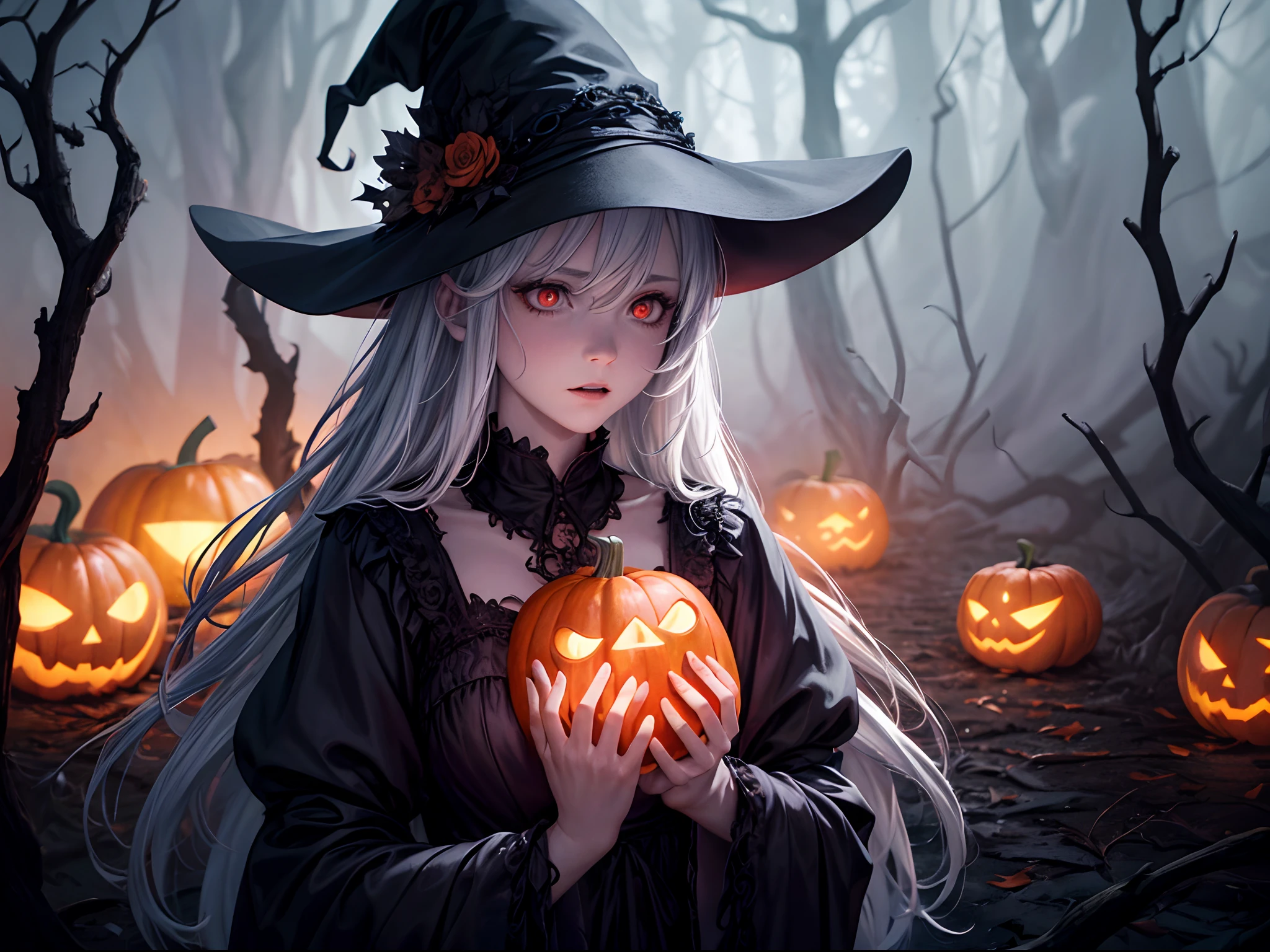 (best quality,4k,8k,highres,masterpiece:1.2),ultra-detailed,(realistic,photorealistic,photo-realistic:1.37),Halloween,ghost dressed as a witch,fear,terror,witch costume,large breasts,spooky atmosphere,dark and eerie lighting,menacing shadows,macabre ambiance,sinister vibes,surreal,hauntingly beautiful,creepy atmosphere,mysterious fog,magical spellbinding,spellbound viewers,heart-pounding suspense,supernatural beings,otherworldly enchantment,dramatic,gothic-inspired setting,mystical aura,gloomy moonlit night,ominous presence,scary and alluring,hauntingly seductive,frightfully captivating,horror movie-esque,nightmarish essence,little girl in a witch costume with glowing eyes,horror-themed portrait,autumnal colors,witch hat,frightening facial expressions,details of witch's hat,witch's broomstick,wispy tendrils of ghost's clothing,ethereal,ghostly figure,pale complexion,ghostly transparency,creeping shadows,spooky pumpkin patch,carved pumpkins with wicked grins,Jack-o'-lanterns,curling tendrils of pumpkin vines,dark forest backdrop,silhouettes of twisted trees,ominous moon in the background,howls of distant creatures,shrieks and cackles in the air,creaking of old wooden doors,rotting leaves on the ground,nighttime festivities,eerie music playing,wraithlike figures dancing in the moonlight,wickedly enchanting scene,mesmerizing illustrations,detailed textures,horror-themed masterpiece,haunted dreamland,captivating artwork evoking Halloween spirits and scare.