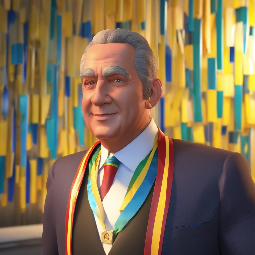 Create an image of the President of Brazil, dressed in a suit and wearing the presidential sash diagonally across the body, in a 3D style reminiscent of Disney animation
