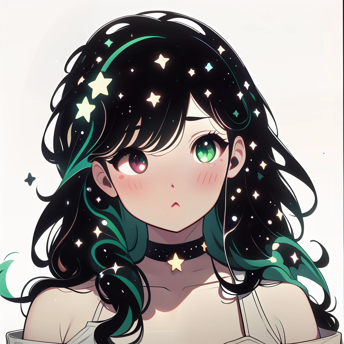 1girl,Star-shaped pupils,fingernails,hands on own face,black hair, left green eyes, right brown eyes,(blush:1.1),Star choker,upper body,heart,(speed lines:1.1),medium breasts, ((heavy breathing:1.3)), love, heart, tank top, yawn, green bangs, stars in hair, galaxy hair, heterochromia, celestial,