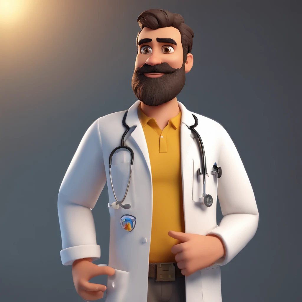 Make a realistic 3D animation Pixar style poster. The character has a beard, short hair combed to the left side, wearing a white doctor's coat, gold watch on his right wrist, has an Arab face, 8k