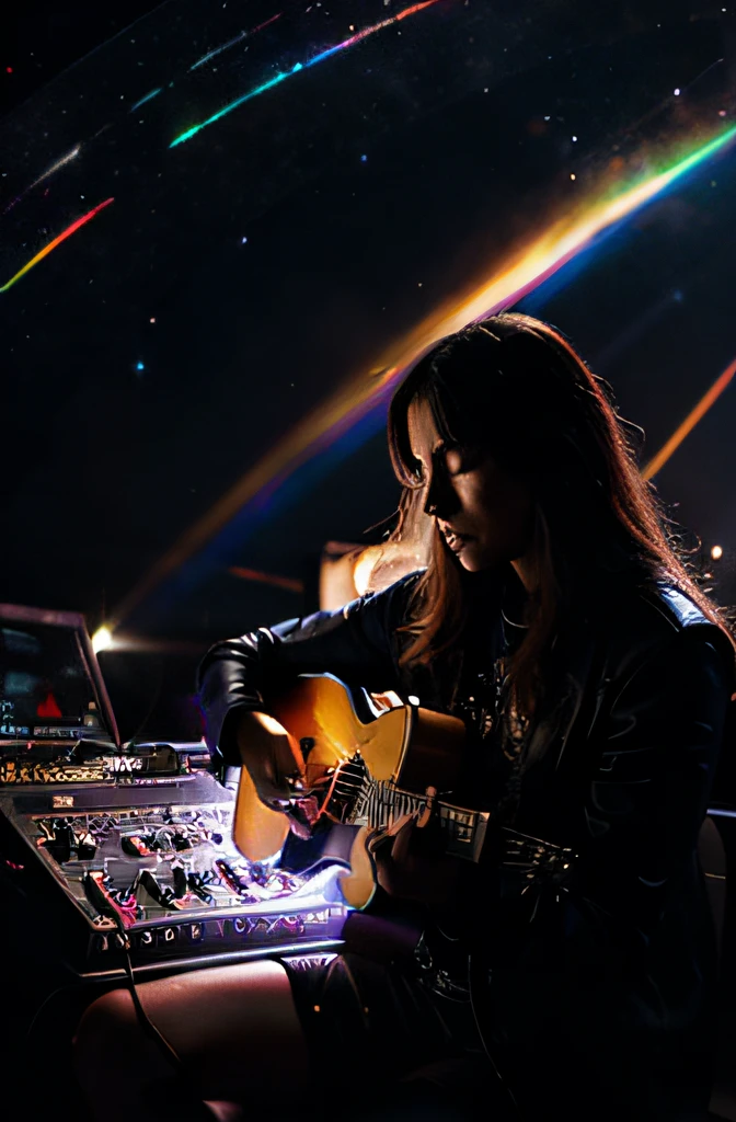 Guitar, electronic music, cosmos, space, lights, light spectrum, future.