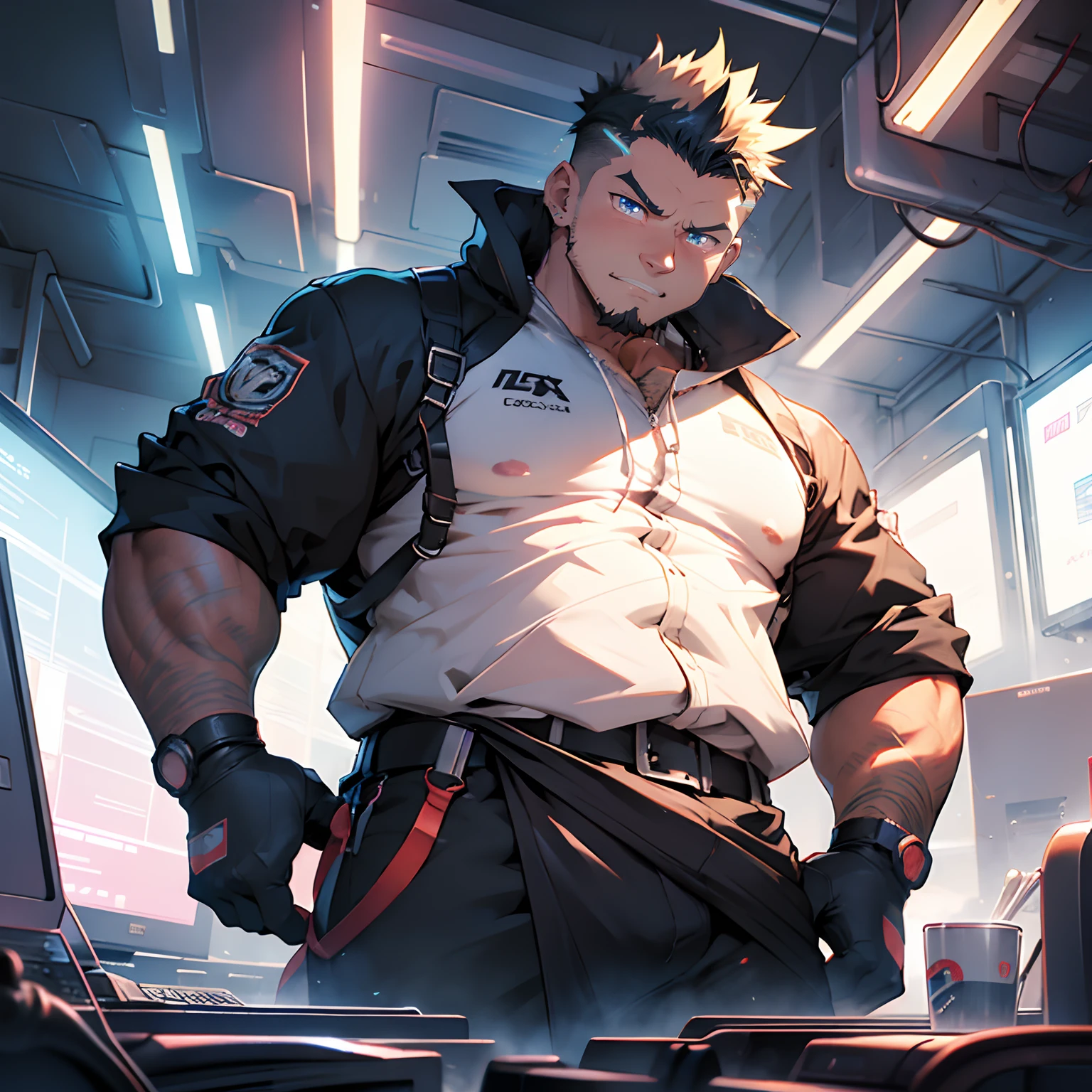 neon lights effects, super high resolution kawaii moe anime 8k, undercut, faux hawk, muscular idle, elevate the crotch, pitch a rounded huge tent
