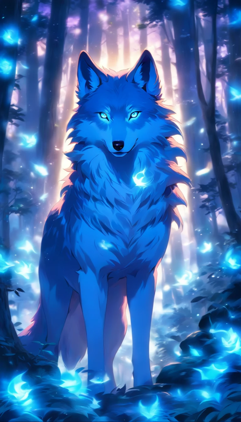 The most beautiful and enchanted wolf spirit, white fur, glowing blue eyes, in the most beautiful enchanted forest, highly detailed, perfect masterpiece, high quality, high resolution, one white wolf