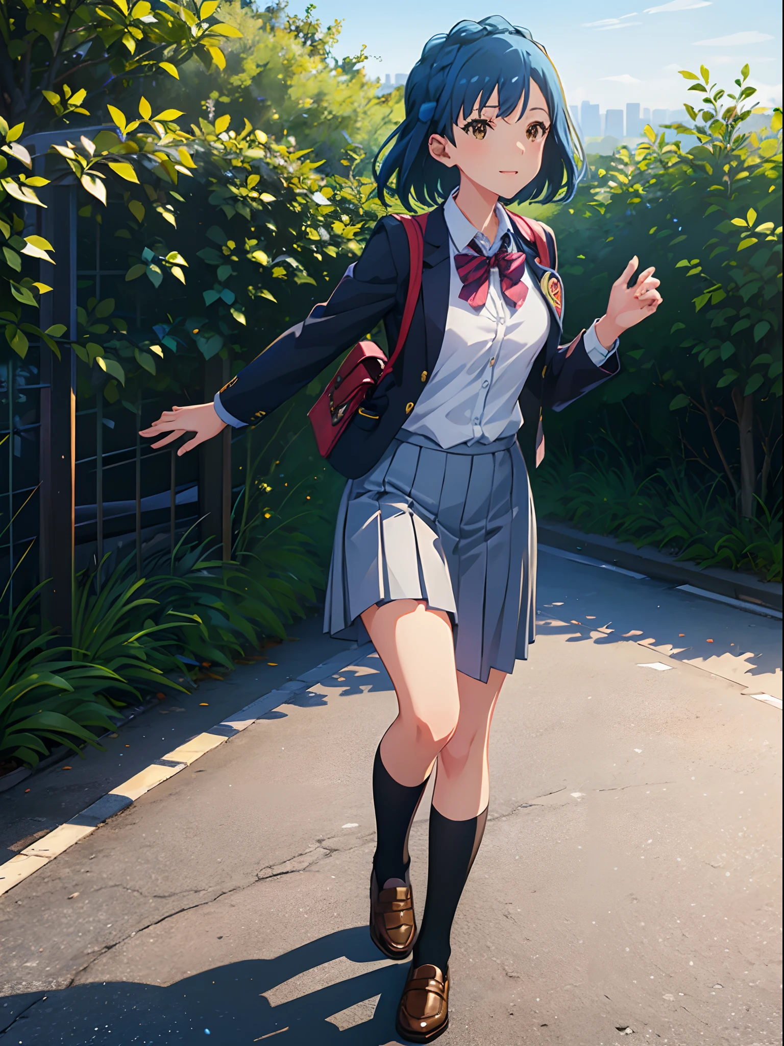 yuriko nanao (million live), 1 girl, Solo, Best Quality, masutepiece, 8K, High resolution, Ultra-detailed, (((walking))), light smile, school uniform, collared shirt, JK skirt, black socks, brown footwear, loafers, school bag, outdoor, city, sidewalk