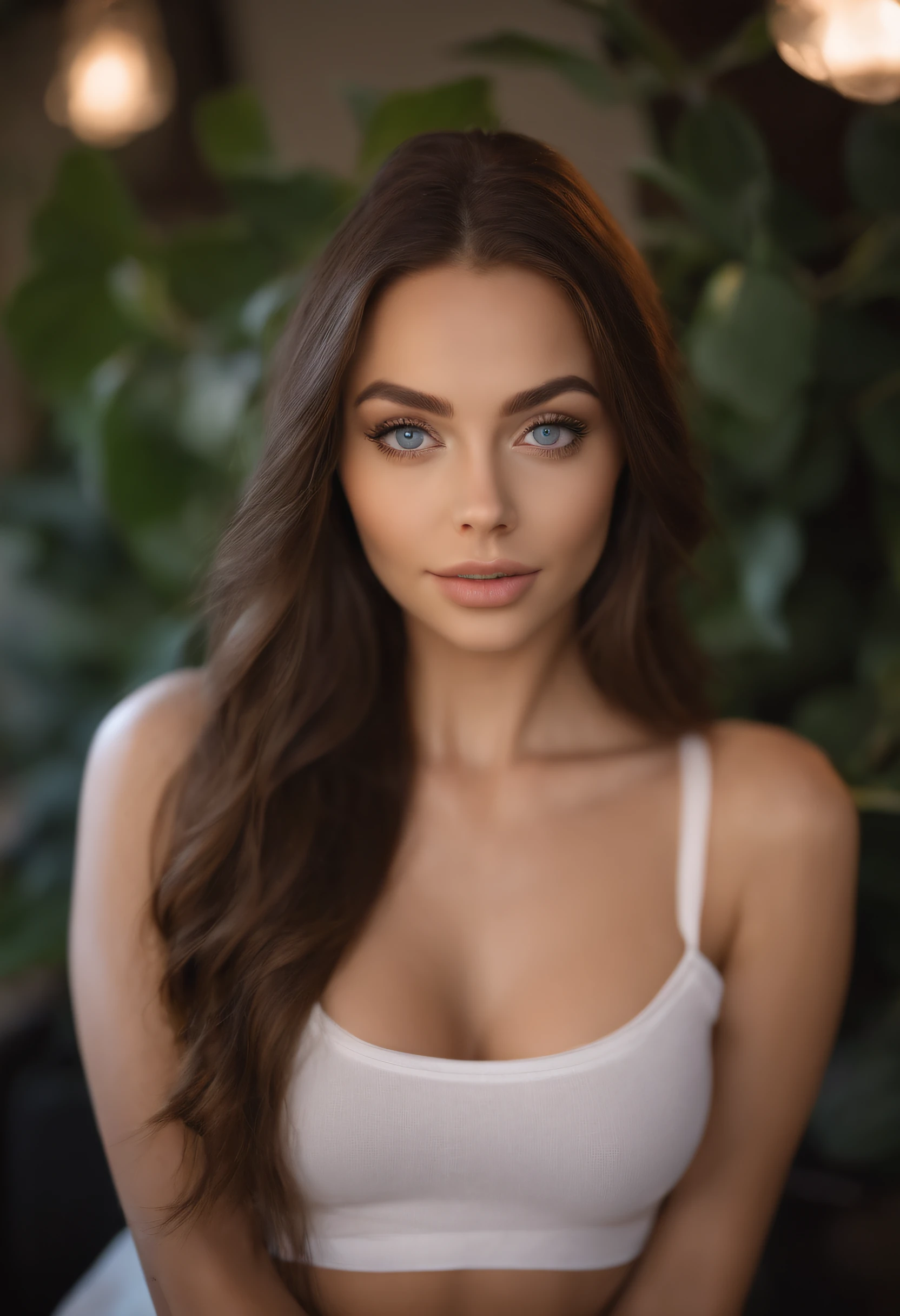 photoRealstic, hyper realisitic, reallistic, Smooth lighting, Improved cinematic lighting quality, 32K, 1人の女性, 25-years old, straight haired, Realistic lighting, Back lighting, Facial Lights, Ray tracing, Quality Improvement, Realistic textured skin of the highest quality, fine detailed eyes, A detailed face, Fine quality eye, Close-up from chest up, small breasts of good shape, tshirts, enhance the atmosphere of body line, Increase the beauty of skin texture