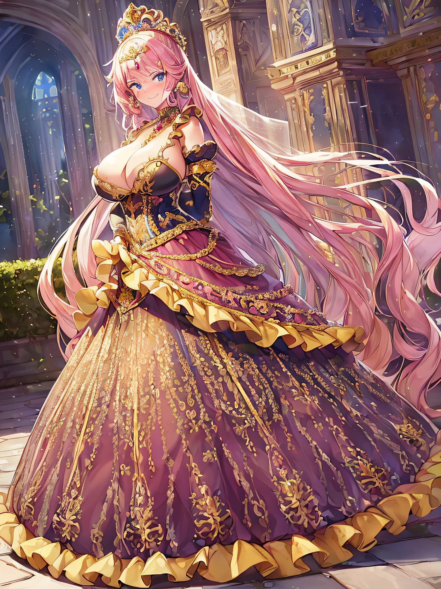 ((Anime Art Style)),(masutepiece),(Best Quality), (Super Detail),((Very delicate and beautiful)),((Full body portrait)),((Stand in the garden)),((Solo)),embarrassed,(((One princess in Gorgeous embroidery and jeweled very gorgeous princess Rococo ballgown with voluminous full length hoop skirt))),(enormous Crinoline Hoop Skirt),Long Train,Gorgeous embroidery and jewelry,(((very gigantic boobs,Skindentation))),((large amount of straight hair,extremely voluminous Hair,Very Long Straight Hair)),(finely detailed face and eyes),((Seductive smile,embarrassed)),(extremely gorgeousfull hair ornament,very gorgeous tiara adorned with bling-bling jewels),Glitter Gorgeous Gemstone Jewelry,Gorgeous Long Veil,(opera gloves),(Beautiful background),(Full body),((Gorgeous embroidery and jeweled gorgeous princess Rococo ballgown with voluminous full length hoop skirt)),