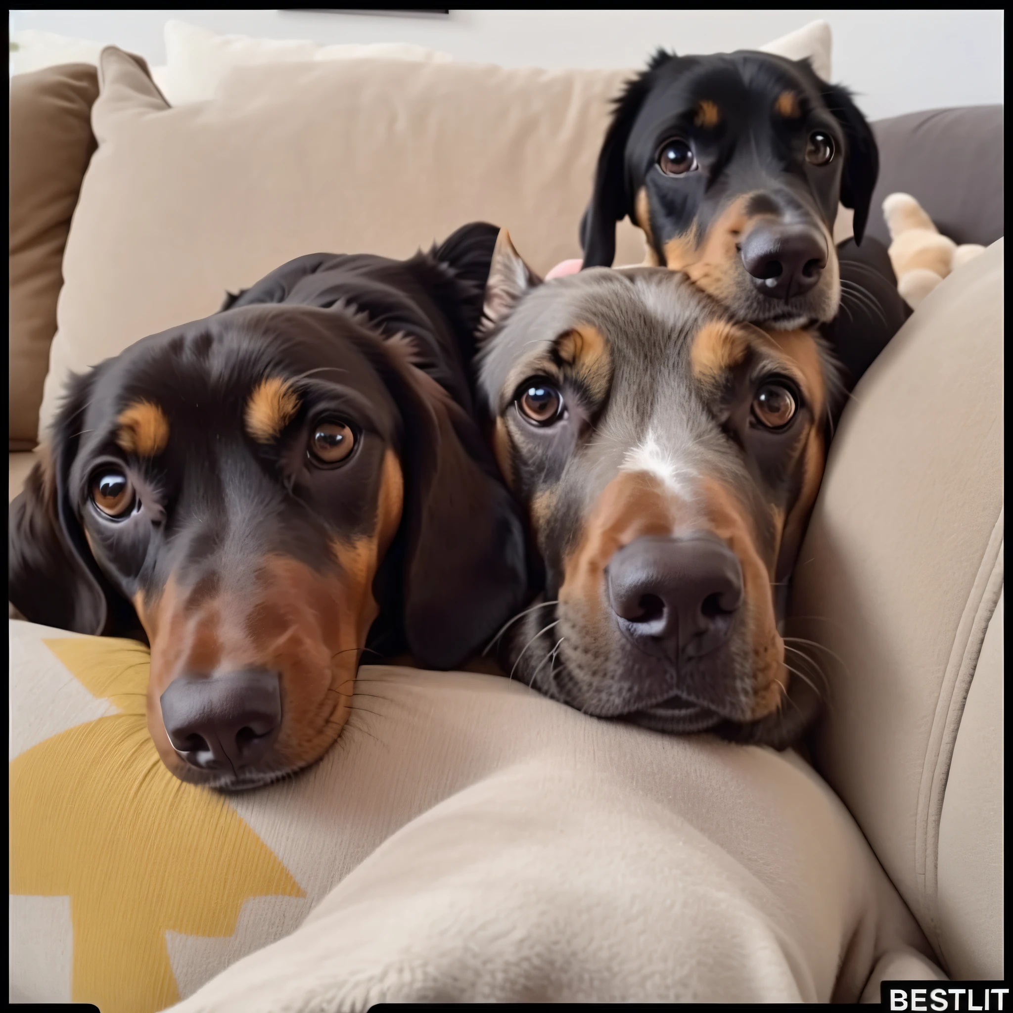 there are two dogs that are laying on a couch together, they are all laying down, beautiful faces, cute faces, looking defiantly at the camera, gorgeous faces, beautiful girls, all looking at camera, stares at the camera, 3 heads, looking distracted and awkward, very silly looking, intense stare, is looking at the camera, serious faces, full faces