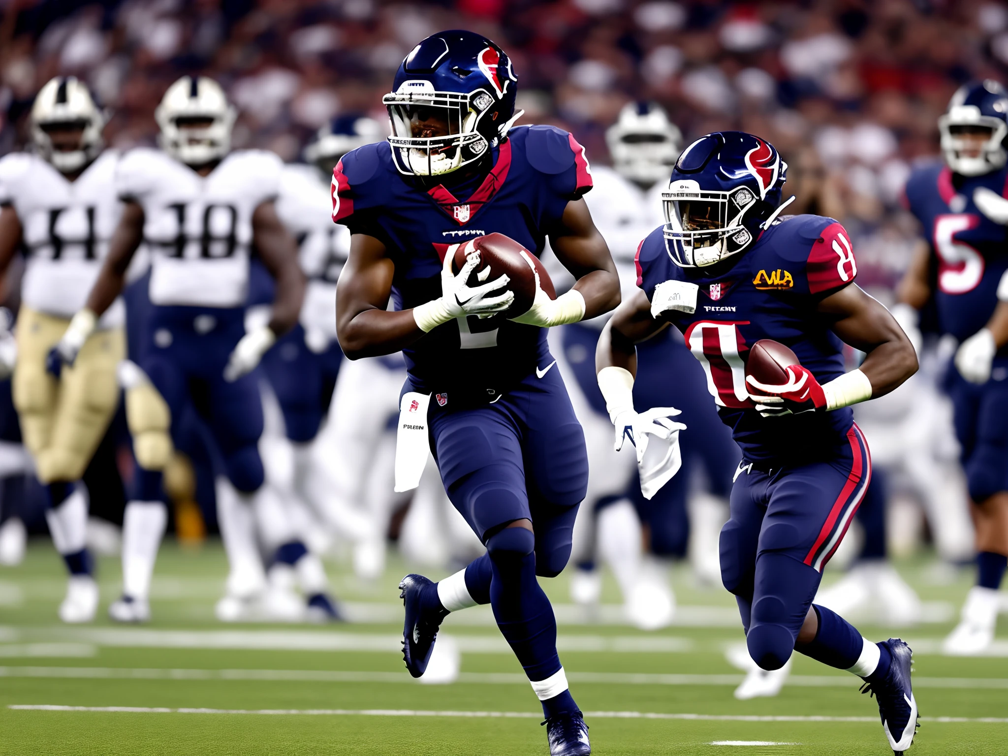 A hyper realistic picture of jalen pitre a football player with Diamond chains on and is carrying a glowing football in the Texans stadium the stadium is glow too