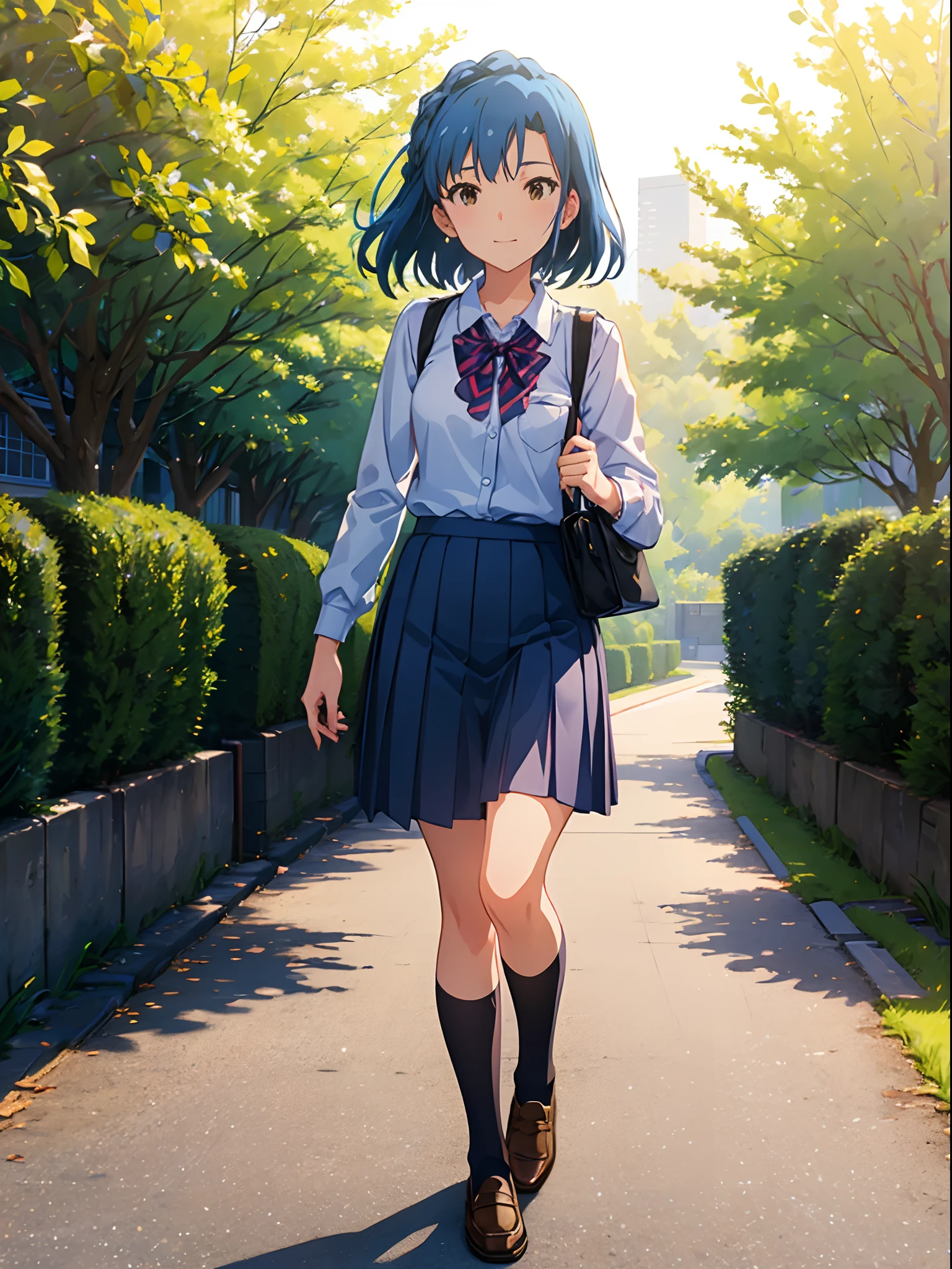yuriko nanao (million live), 1 girl, Solo, Best Quality, masutepiece, 8K, High resolution, Ultra-detailed, (((walking))), light smile, school uniform, collared shirt, JK skirt, black socks, brown footwear, loafers, school bag, shoulder bag, outdoor, city, sidewalk