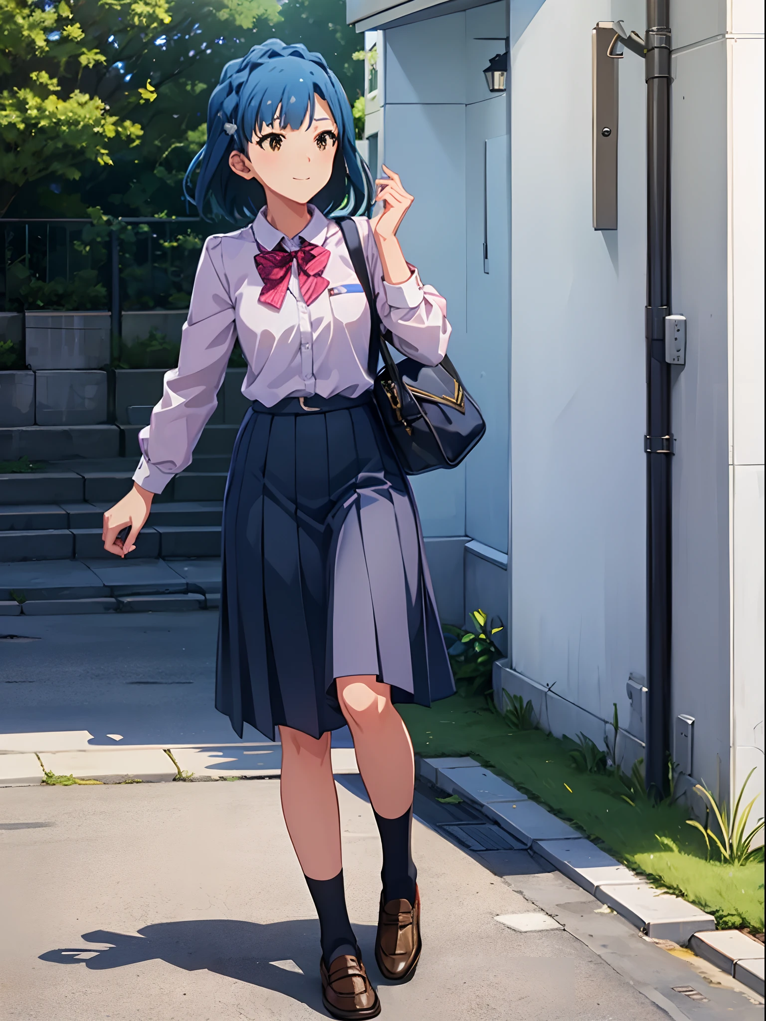 yuriko nanao (million live), 1 girl, Solo, Best Quality, masutepiece, 8K, High resolution, Ultra-detailed, (((walking))), light smile, school uniform, collared shirt, JK skirt, black socks, brown footwear, loafers, school bag, shoulder bag, outdoor, city, sidewalk