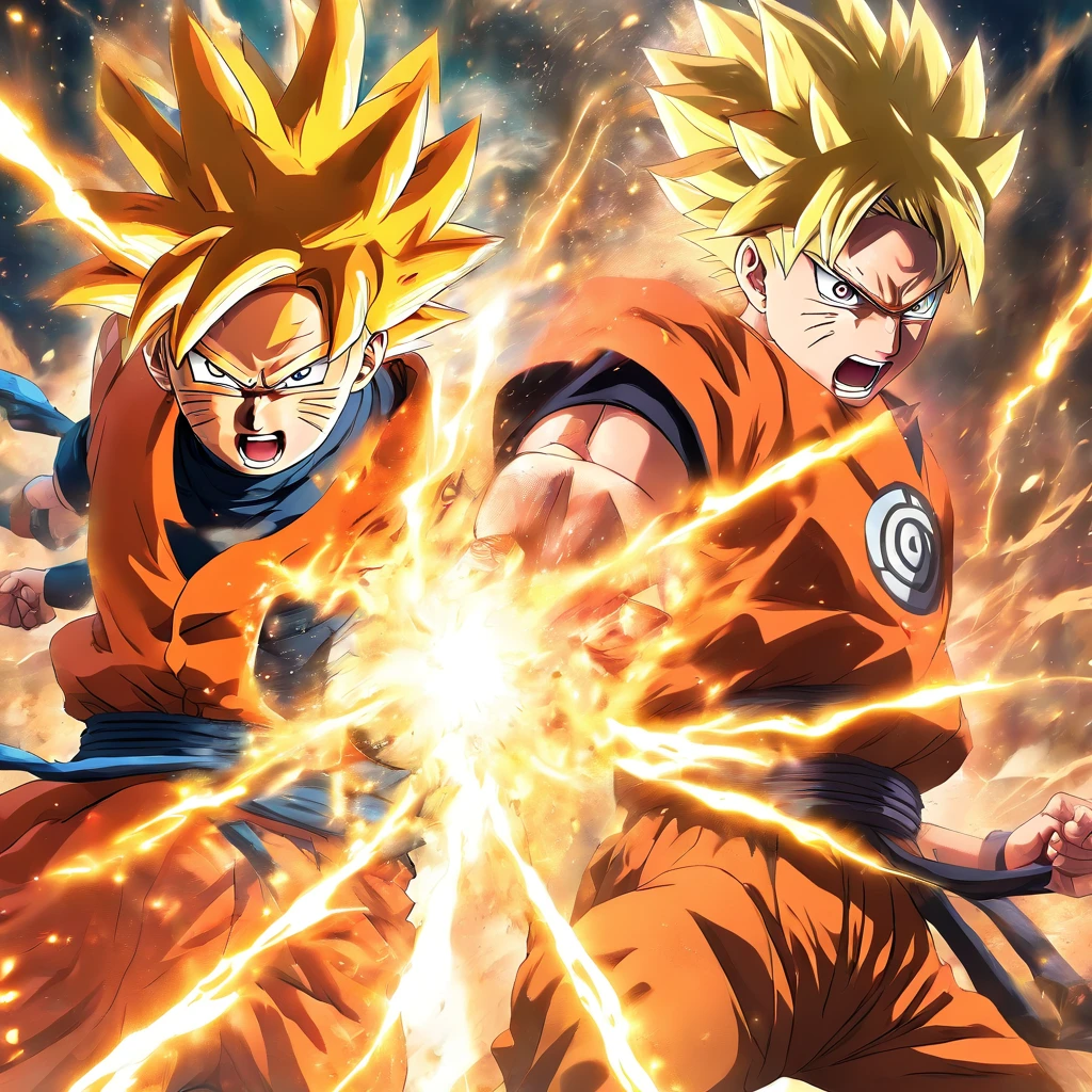 An epic fight between Goku and Naruto, with powerful blows and energy explosions, both showing off their action manga scene skills