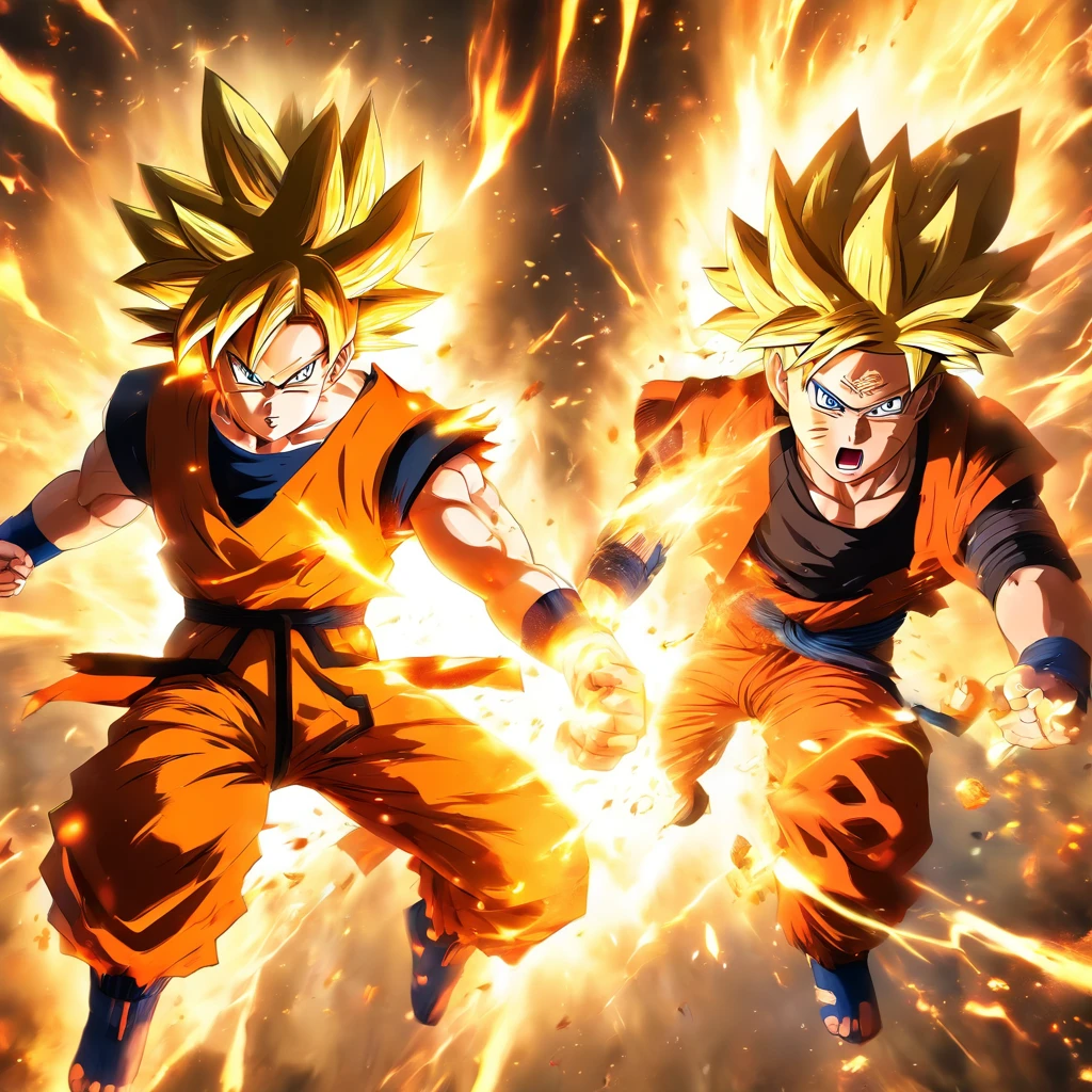 An epic fight between Goku and Naruto, with powerful blows and energy explosions, both showing off their action manga scene skills