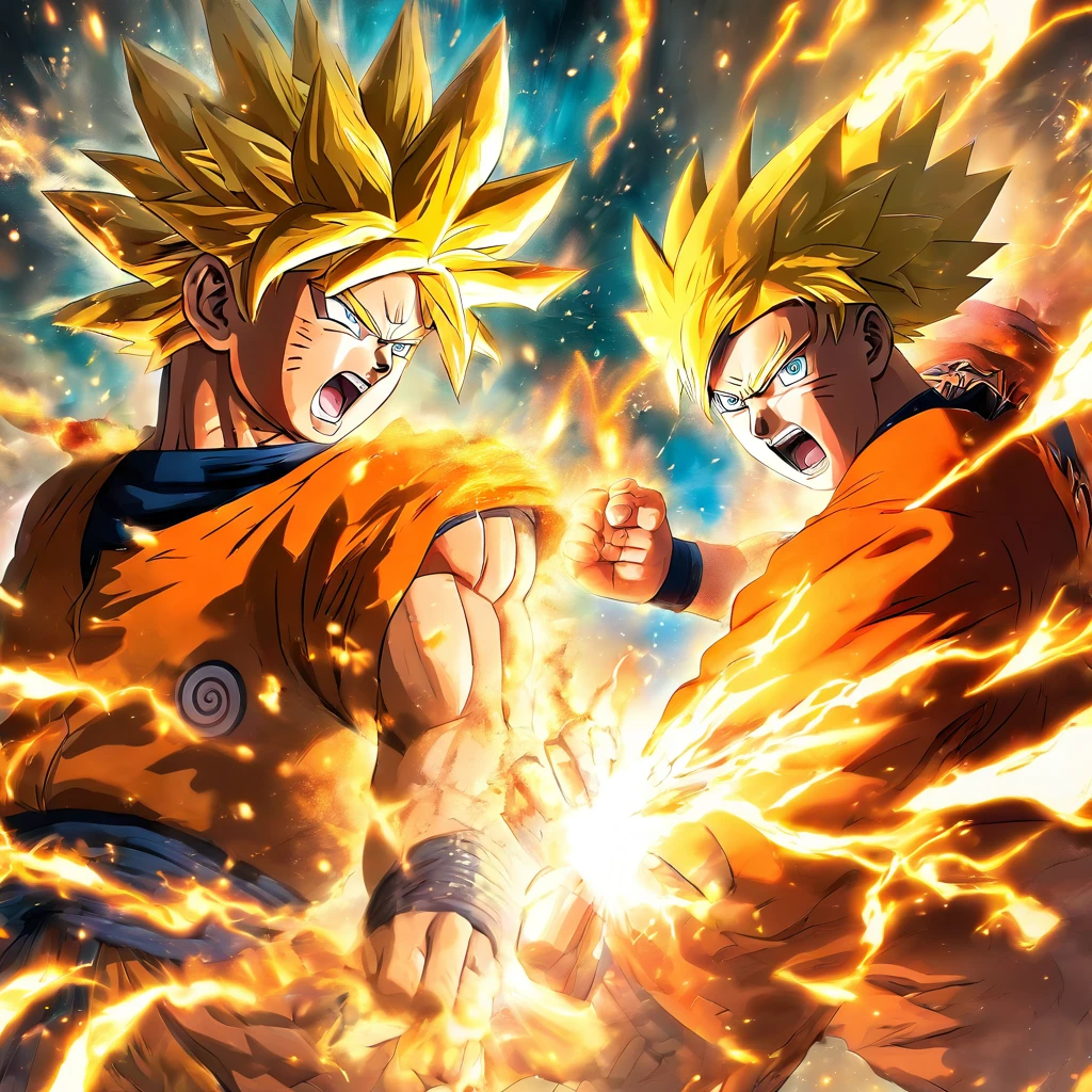An epic fight between Goku and Naruto, with powerful blows and energy explosions, both showing off their action manga scene skills