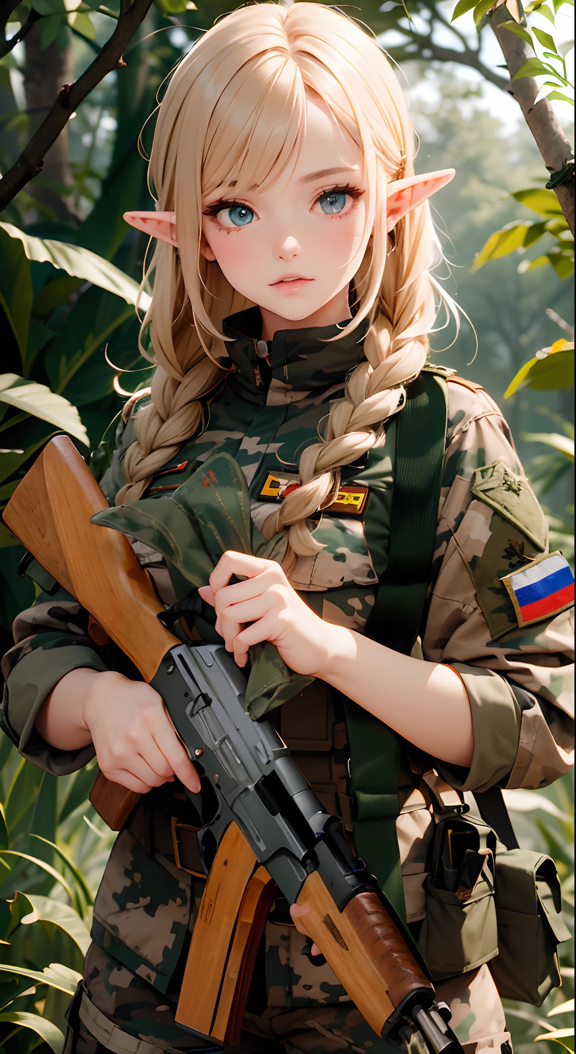 Female elf soldier, wearing Spotted forest camo Russian military uniform, , detailed eyes, detailed hands, detailed face, detailed hair, (elf with gonden hair), braided haircut, holding AK47, Spotted forest camo Russian military uniform cap clutched in hand, Russian flag patch on shoulder, Russian military flag chevron on shoulder, forest background