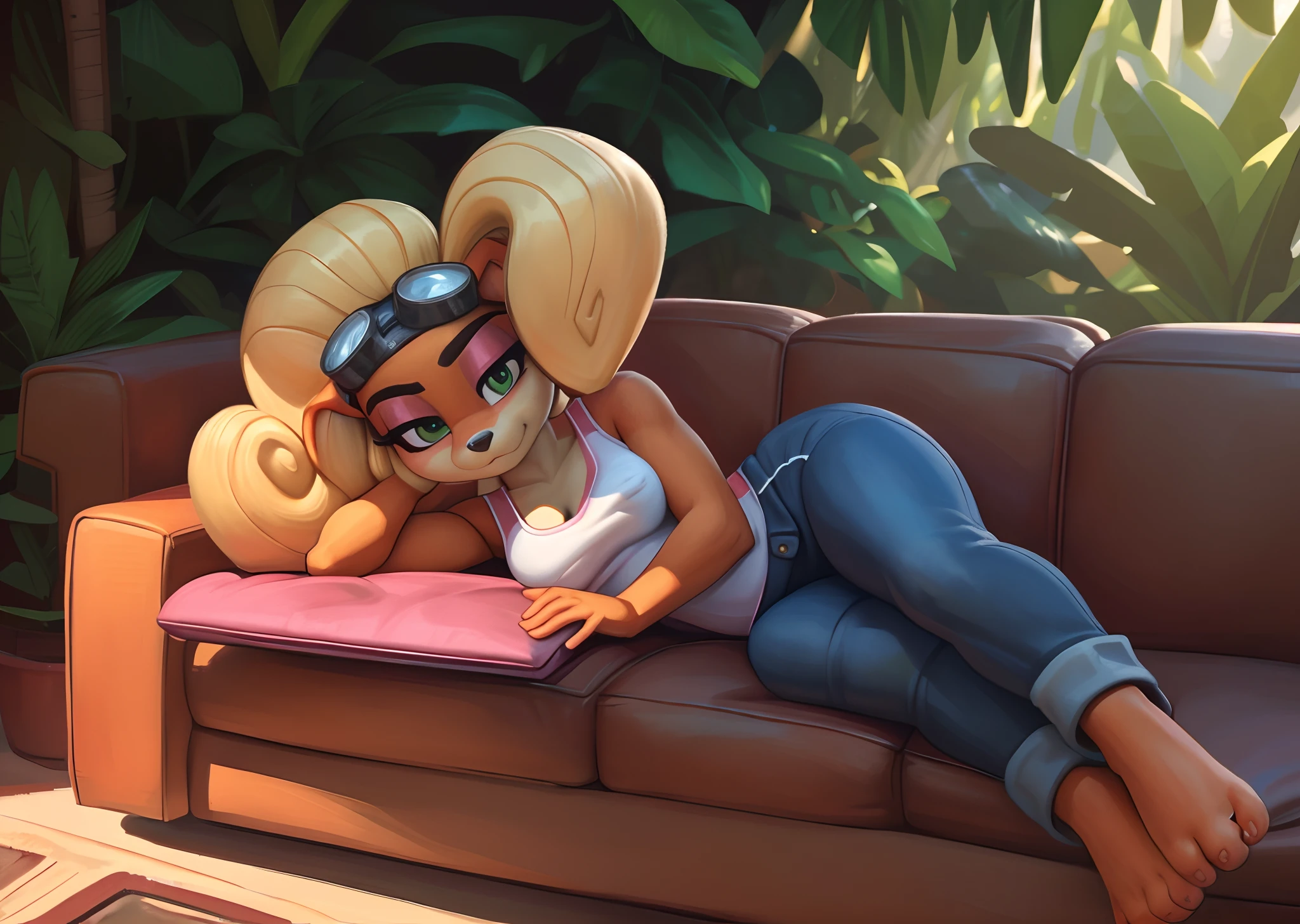 [Coco bandicoot], [Uploaded to e621.net; (Pixelsketcher), (wamudraws)], ((masterpiece)), ((high quality)), ((HD)), ((solo portrait)), ((full body)), ((front view)), ((furry; anthro)), ((detailed fur)), ((detailed shading)), ((beautiful render art)), ((front view)), ((feet visible)), ((intricate details)), {anthro; orange fur, black nose, (cute green eyes), (half-closed eyes), (short eyelashes), (pink eyeshadow), blonde curly hair, curly ponytail, (beautiful feet), (expressionless)}, {(white tank top pink lining), (small boobs), (nipple outline), (tight jeans), (goggles on head)}, {(laying on couch), (laying on side), (head resting on hand), (looking ahead)}, [background; (tropical forest), (garage), (sun rays), (pink laptop)]