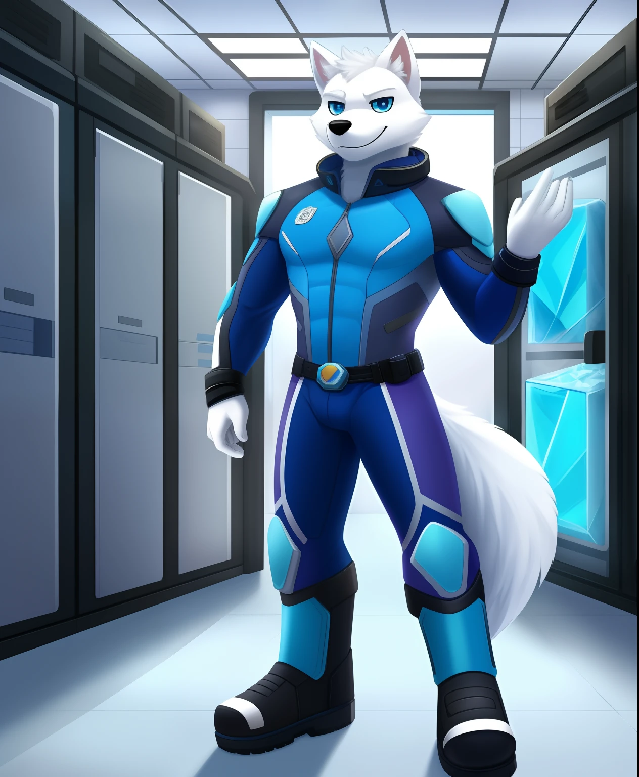Frosty the male anthro arctic fox villain, ice themed supersuit, full body view, freezer room in the background