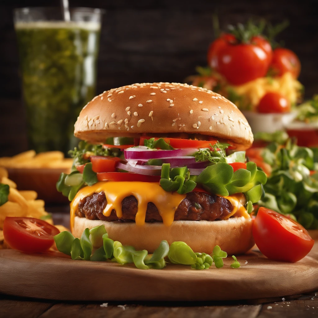 A burger advertisement with a succulent and appetizing presentation, where the juicy burger is covered in melted cheese, fresh vegetables and delicious sauces, all served on a soft, golden bun, leaving everyone's mouth watering