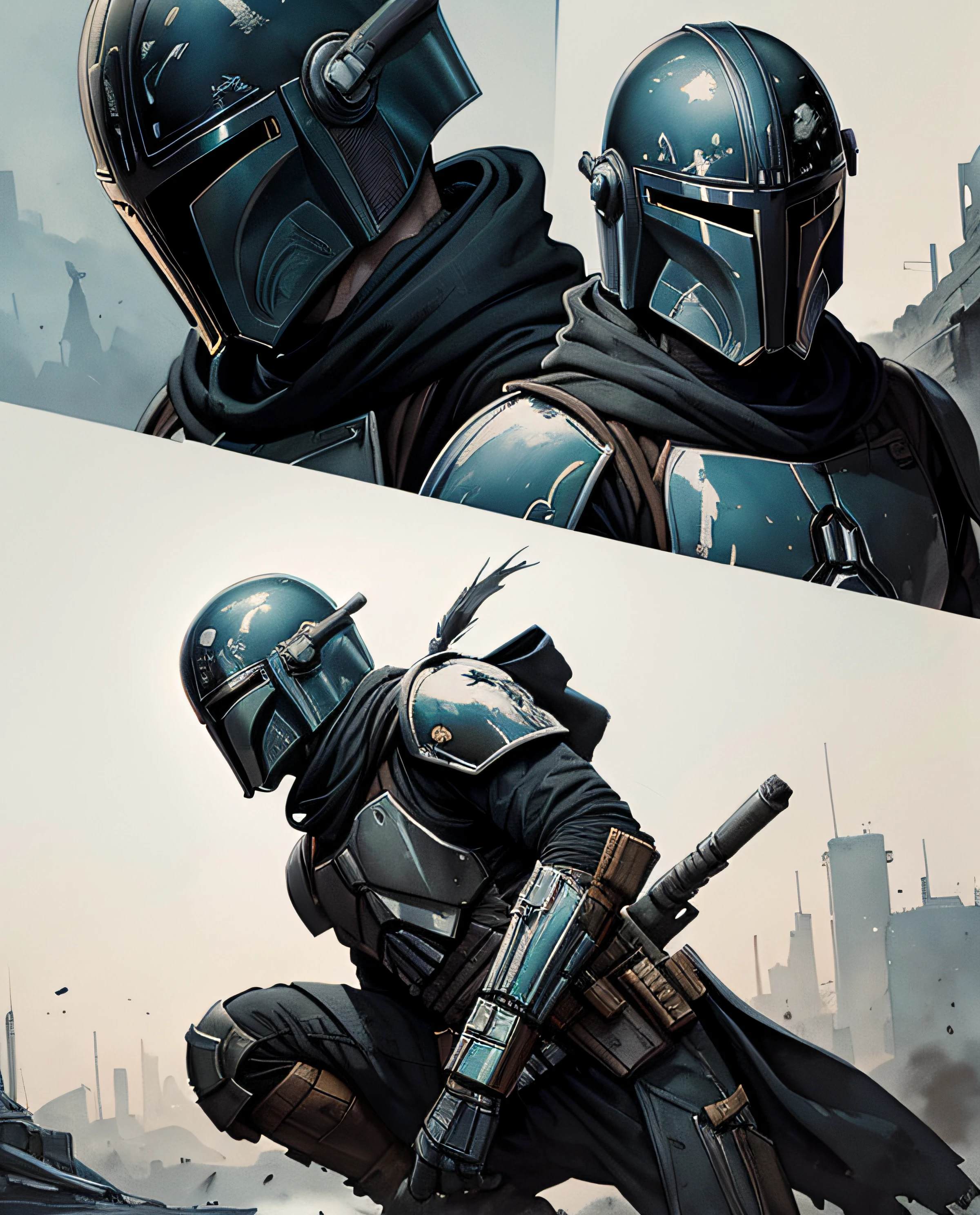 Mandalorian ink painting, Digital illustration, Comic strip style, aquarelle, ArtStation style, conceptual art, 2D illustration, author：Peter Draws, author：Carne Griffith, author：Wadim Kashin, full bodyesbian, Centered,Detailed, smooth, Dynamic pose