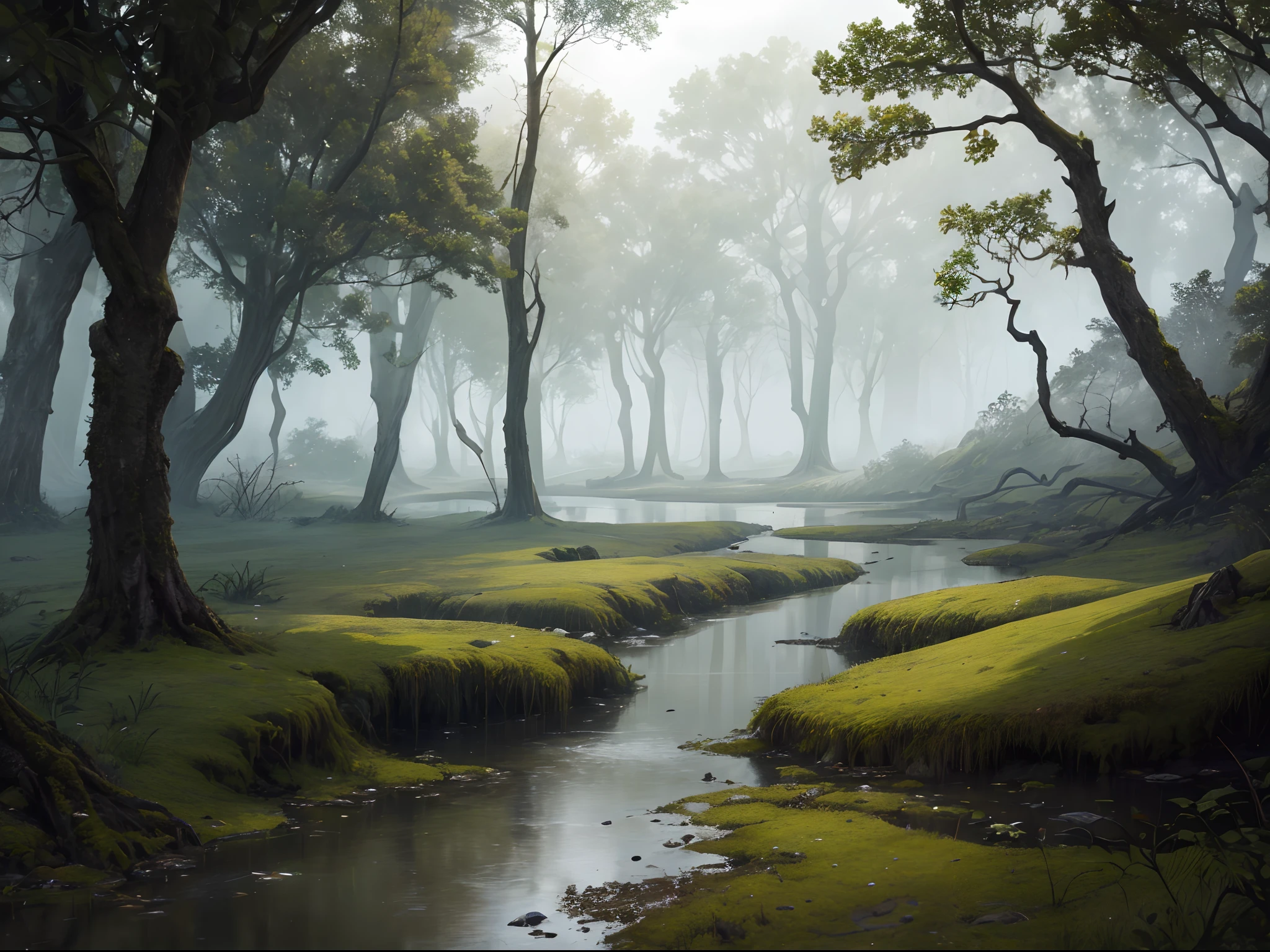 (best quality,4k,8k,highres,masterpiece:1.2),ultra-detailed,(realistic,photorealistic,photo-realistic:1.37), a murky, moss-covered swamp with twisted tree roots emerging from the murky water, a dense fog hanging low over the surface, creating an eerie atmosphere, the stillness broken only by the echoing croak of a distant frog, the air heavy with the scent of damp earth and decaying vegetation, a sense of mystery and intrigue permeating the scene, ,Halloween,ghost, translucent, terrorifying