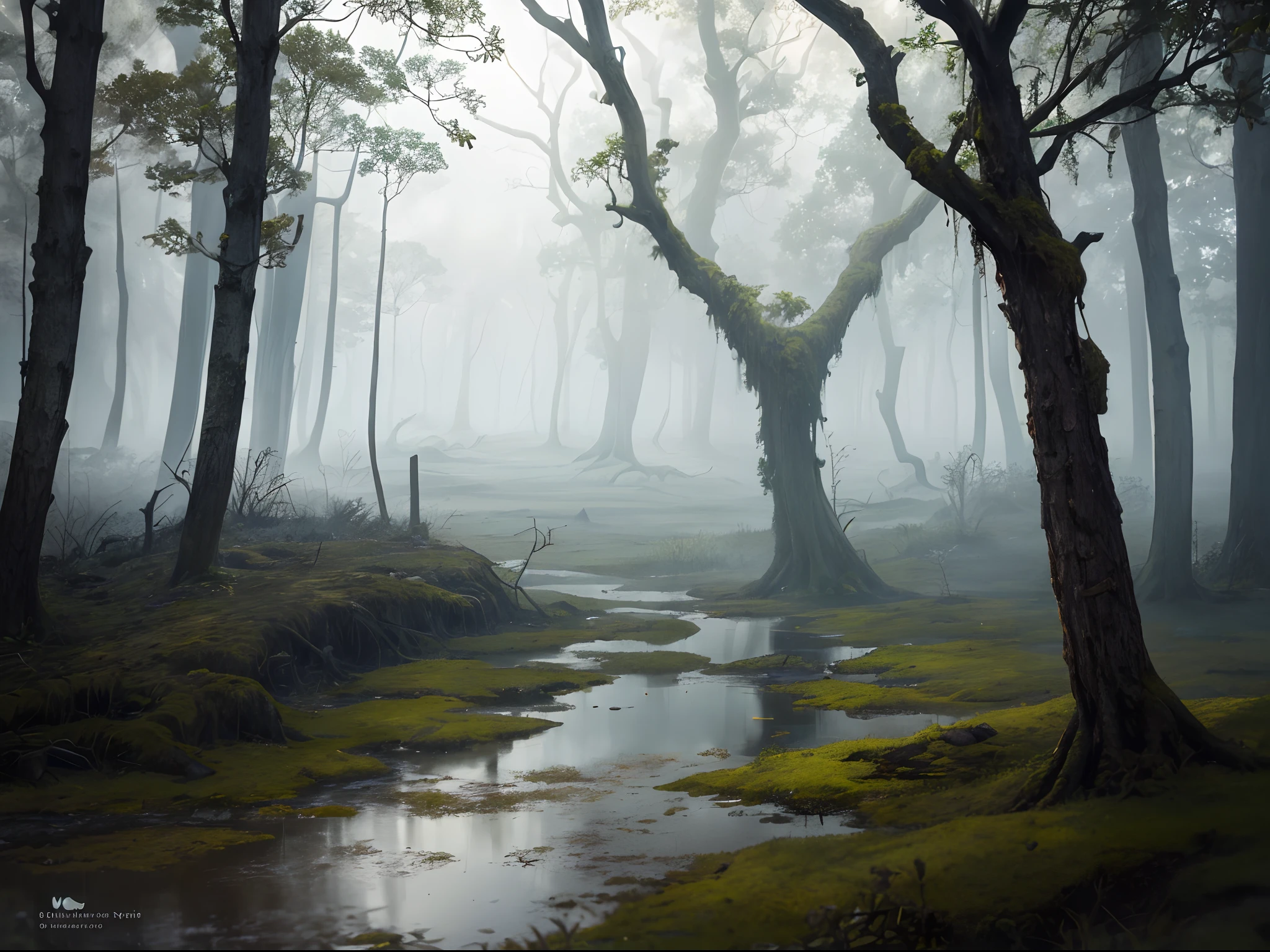 (best quality,4k,8k,highres,masterpiece:1.2),ultra-detailed,(realistic,photorealistic,photo-realistic:1.37), a murky, moss-covered swamp with twisted tree roots emerging from the murky water, a dense fog hanging low over the surface, creating an eerie atmosphere, the stillness broken only by the echoing croak of a distant frog, the air heavy with the scent of damp earth and decaying vegetation, a sense of mystery and intrigue permeating the scene, ,Halloween,ghost, translucent, terrorifying