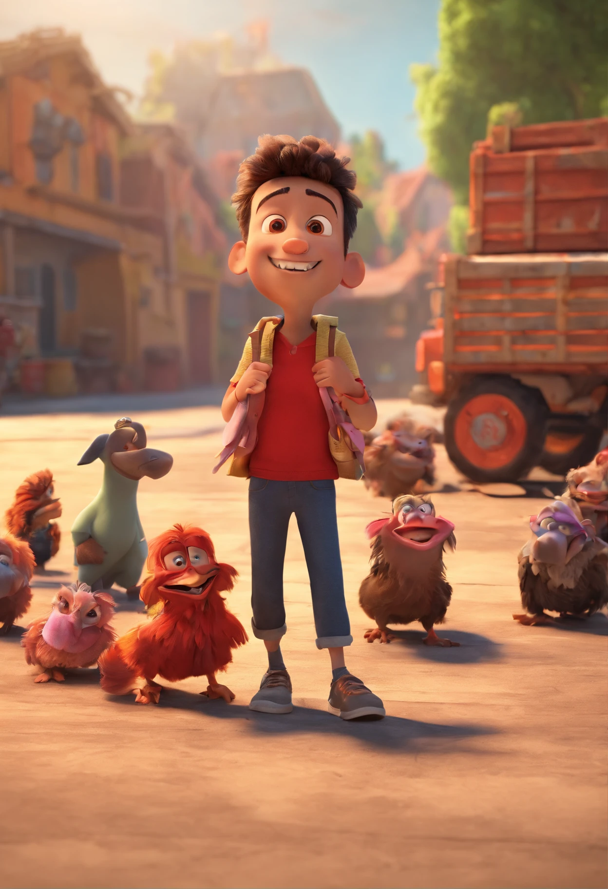 A 3D animation Disney Pixar Image lookalike featuring 10 brown children desperately running from a burning container and a black vulture vulture character with crossed arms and a red and black horizontally striped shirt in front with a smile