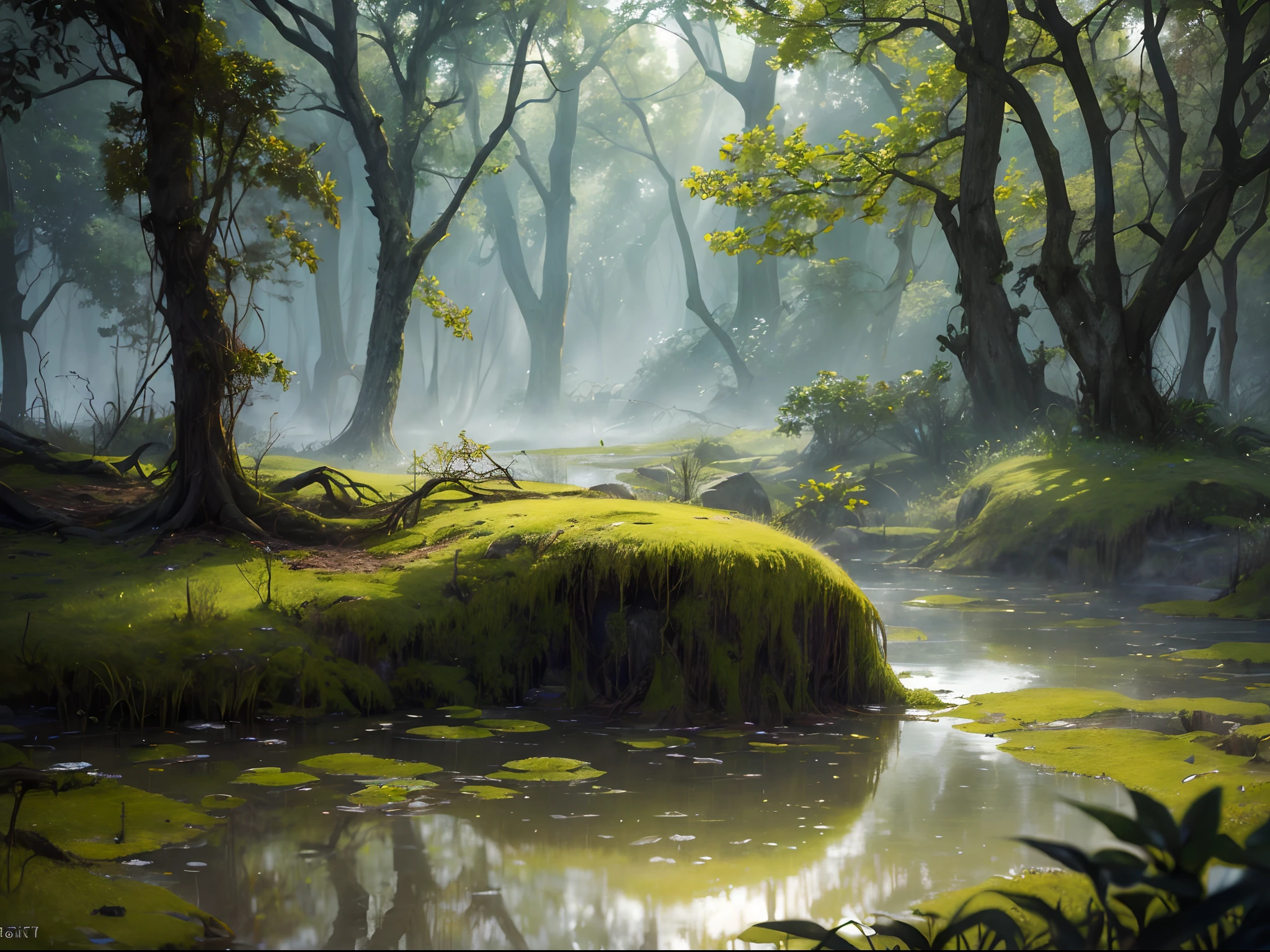 (best quality,4k,8k,highres,masterpiece:1.2),ultra-detailed,(realistic,photorealistic,photo-realistic:1.37), a murky, moss-covered swamp with twisted tree roots emerging from the murky water, a dense fog hanging low over the surface, creating an eerie atmosphere, the stillness broken only by the echoing croak of a distant frog, the air heavy with the scent of damp earth and decaying vegetation, a sense of mystery and intrigue permeating the scene, ,Halloween,ghost, translucent, terrorifying