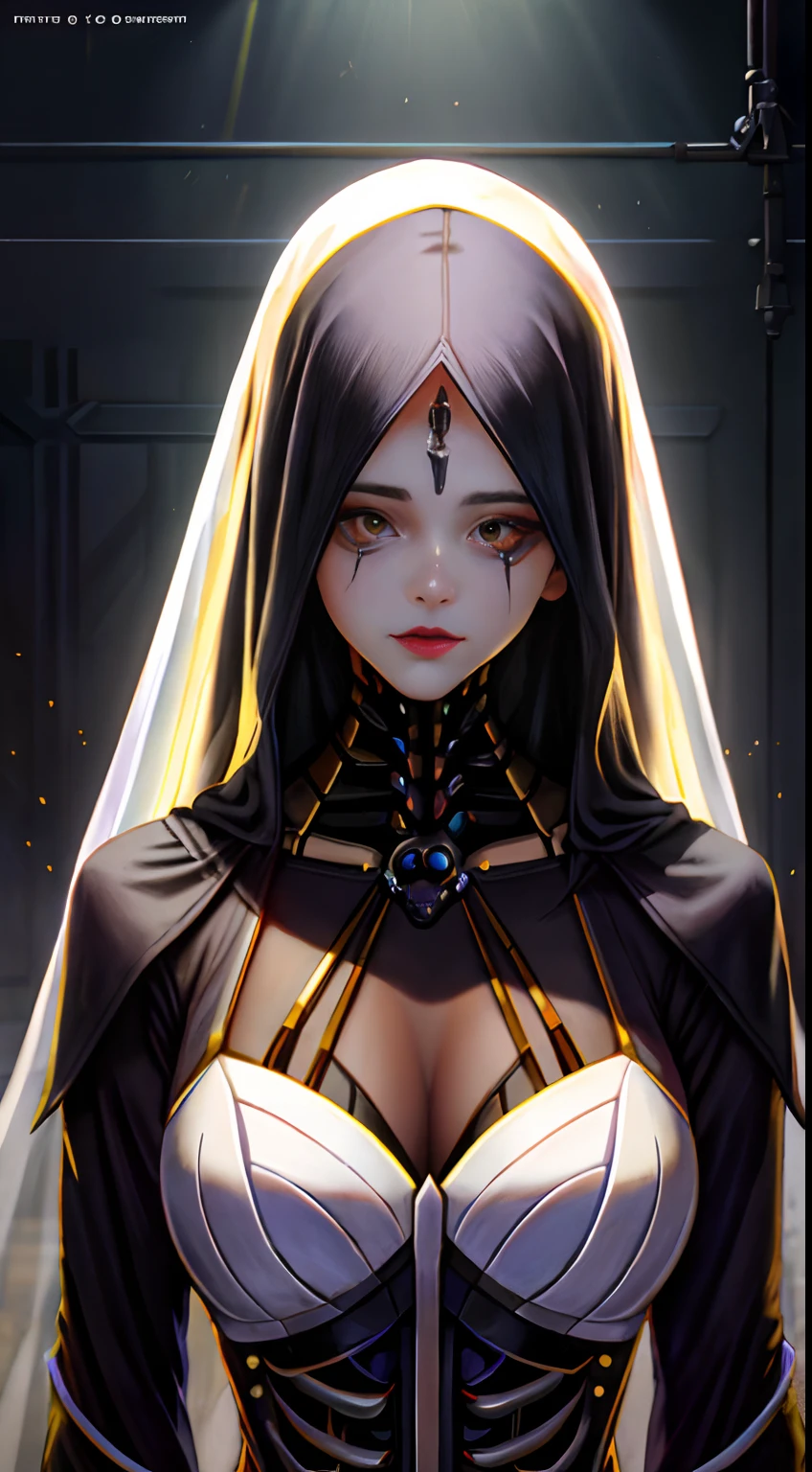 Uma obra-prima, Estilo surrealista Giger, ethereal painting of a goddess of death, her face shrouded in a veil of shadows, head painted as a skull skeleton, morte, flores pretas, Estilo mexicano, corpo inteiro, fantasia, elegante, altamente detalhado, Pintura digital, art-station, arte conceitual, liso, sharpen focus, 4k, Cineasta, fotorrealista, Beautiful Detailed Digital Painting Illustration, soft lighting, isometric style, retro aesthetics, 4K分辨率, Photorealistic rendering, cobras, acentos amarelos , red-lips