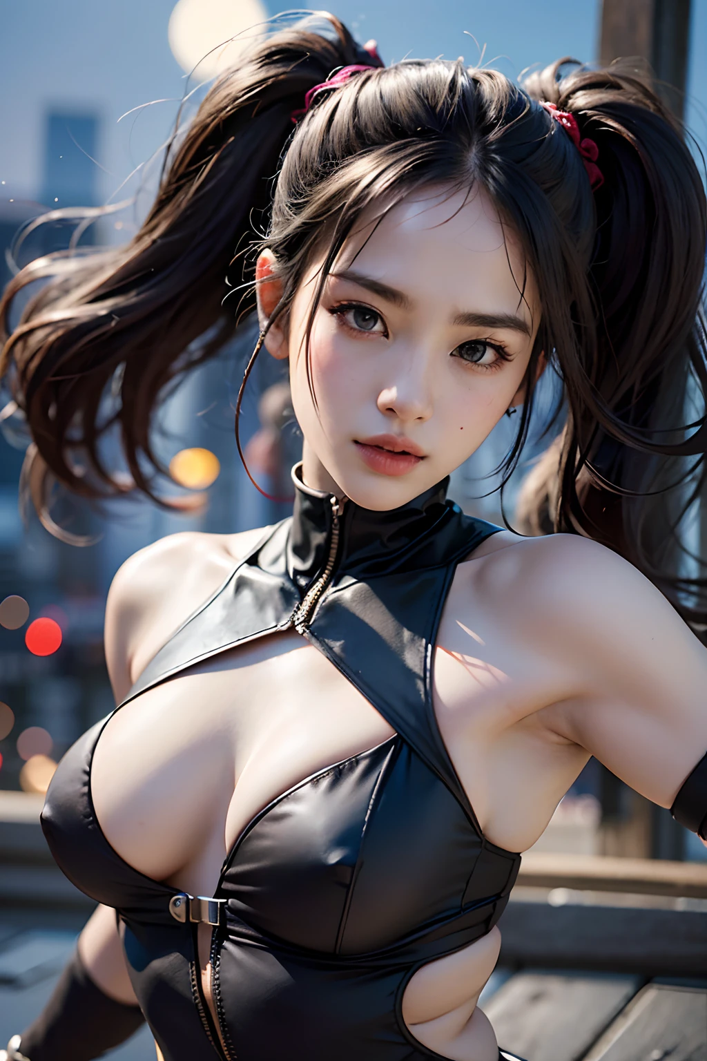 (Best Quality,4k,8K,hight resolution,Masterpiece:1.2),Ultra-detailed,(Realistic,Photorealistic,photo-realistic:1.37),Ninja Girl, KUNOICHI, (beatiful face: 1.5), (The hair is gathered in two ponytails: 1.3), Detailed facial features, sharp-focus,Professional, Action-packed, (beautiful detail eyes, beautiful detailed lips: 1.3), athletic, graceful, black outfit, Rising Moonlight, Discreet movement on rooftops, Creating a sense of speed and agility, full moon, Illuminating the Night Sky, Demonstration of the beauty and strength of a ninja girl, in full height, Focus on the whole body.