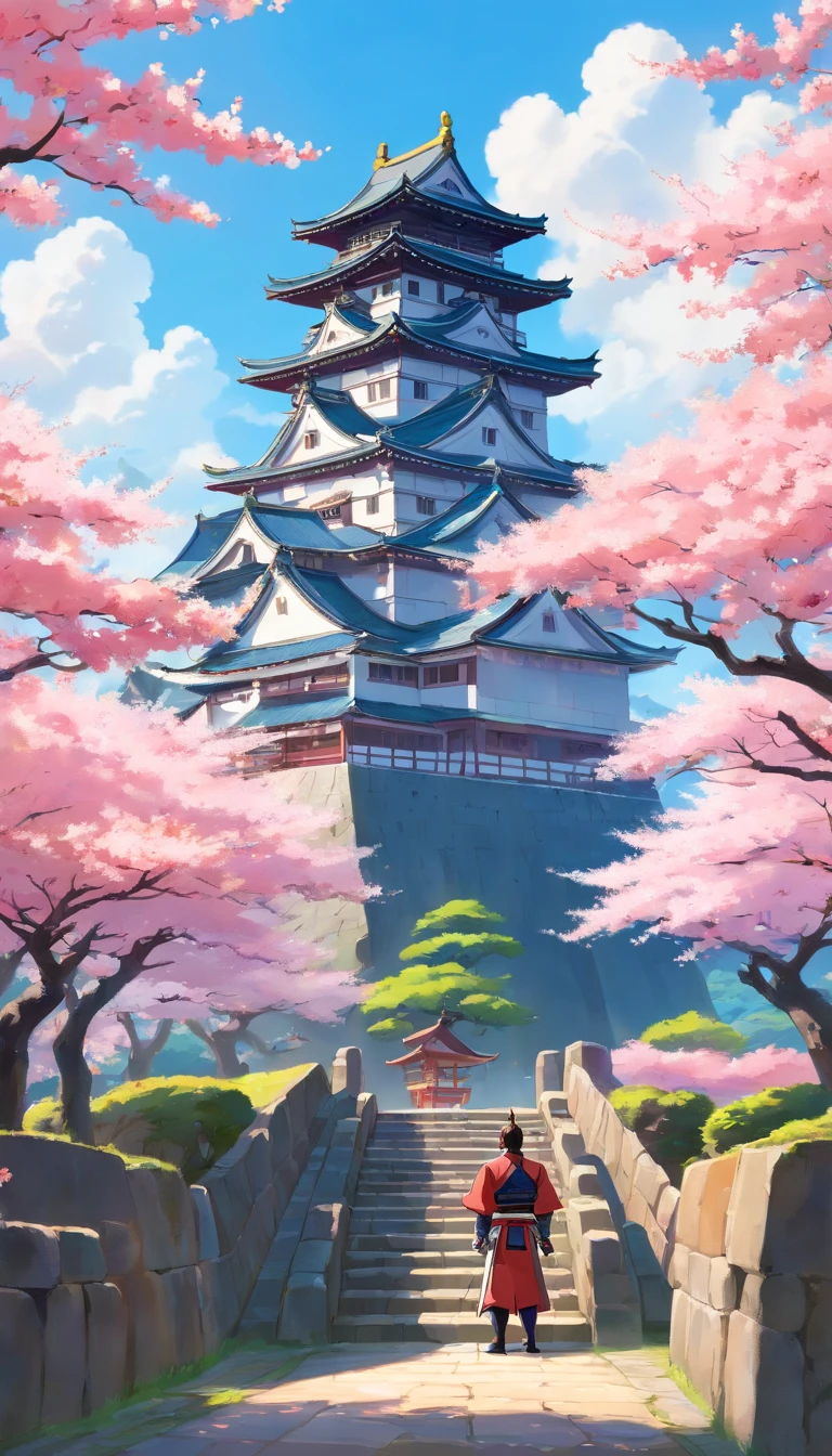 a beautiful Japanese castle in the background and alone man in samurai armor, resting next to sakura tree
