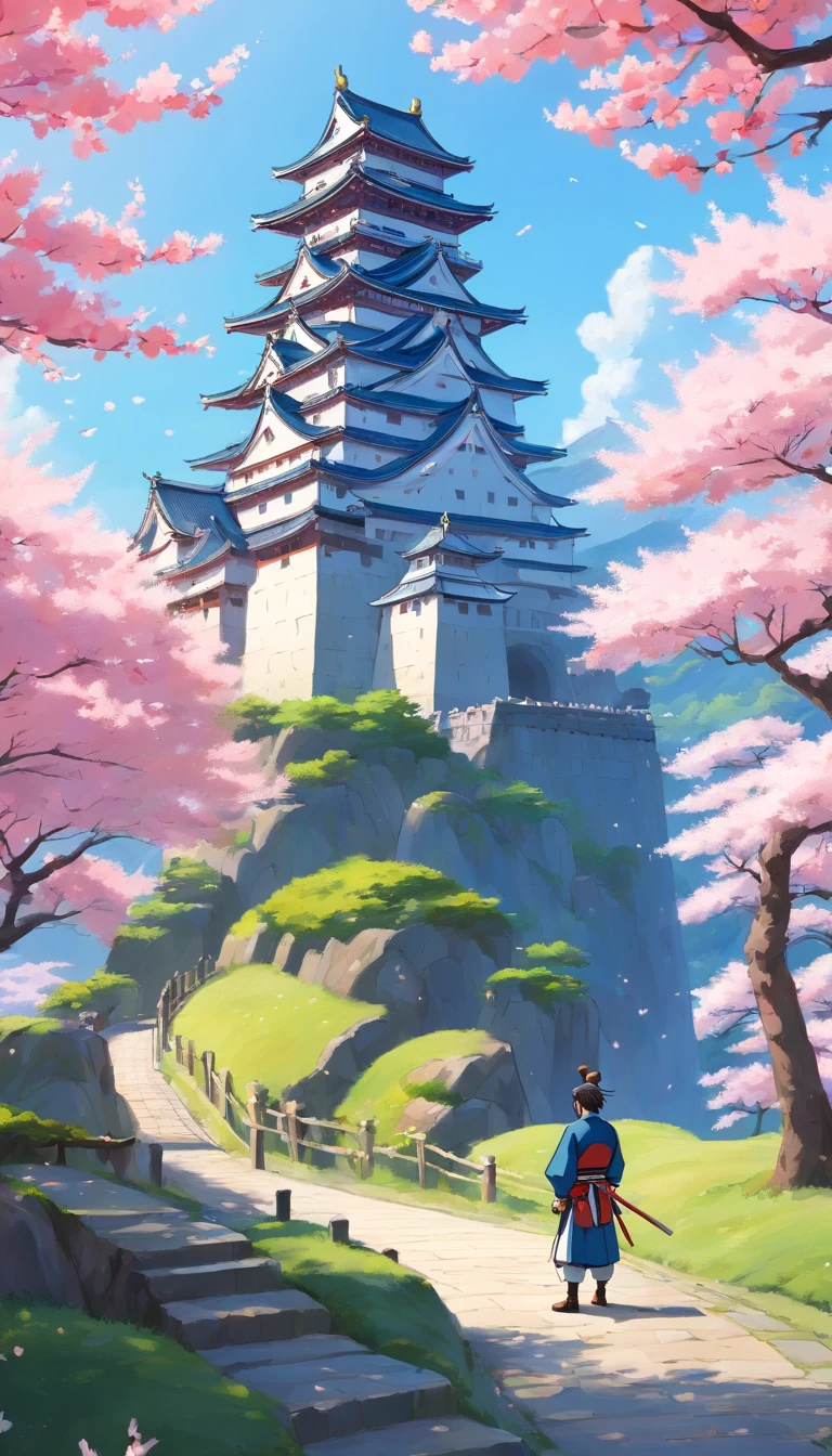 a beautiful Japanese castle in the background and alone man in samurai armor, resting next to sakura tree
