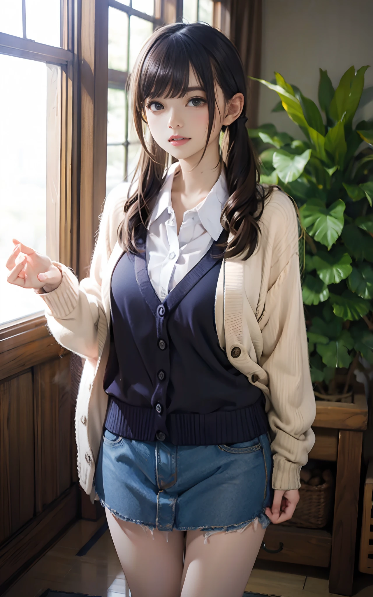 ((((, , perfect anatomy, super detailed skin)))), 1 girl, japanese, 14 years old, shiny skin, large breasts:0.5, watching the view, (smile:1.5),
beautiful hair, beautiful face, beautiful detailed eyes, (middle hair:1.5, twintails:1.7),
beautiful clavicle, beautiful body, beautiful chest, beautiful thigh, beautiful legs, babyface, , , mole under eye,
((navy school uniform, long sleeves, navy pleated skirt, sailor collar, light brown cardigan, black thigh-highs,
((brown medium coat, muffler, knitted gloves)), extremely sexy, seductive thighs)), white panties,
(beautiful scenery), winter, evening, hokkaido, sapporo, outdoors, snow, snowfall:1.5, freezing weather, frost, walking, holding a phone,
(8k, top-quality, masterpiece:1.2, extremely detailed, , ), (photorealistic), beautiful illustration, cinematic lighting,