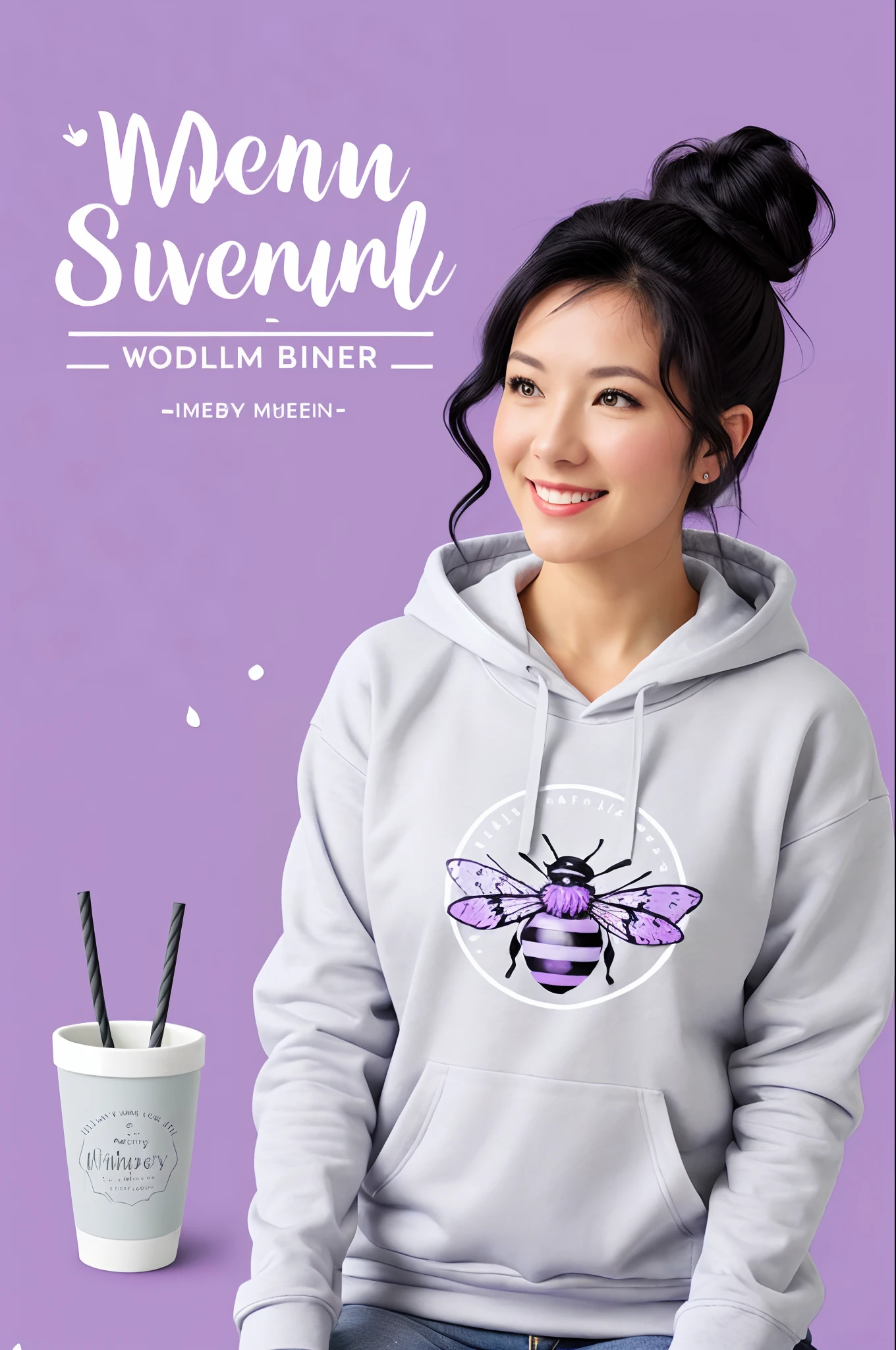 medium built women small business owner , wearing lavender grey hoodie with "whimsy bee vinyls", messy bun with black hair , sitting at desk with back towards you , tumblers, shirts, cricut, and printer on desk , with gray blue and lavender splatter background digital art