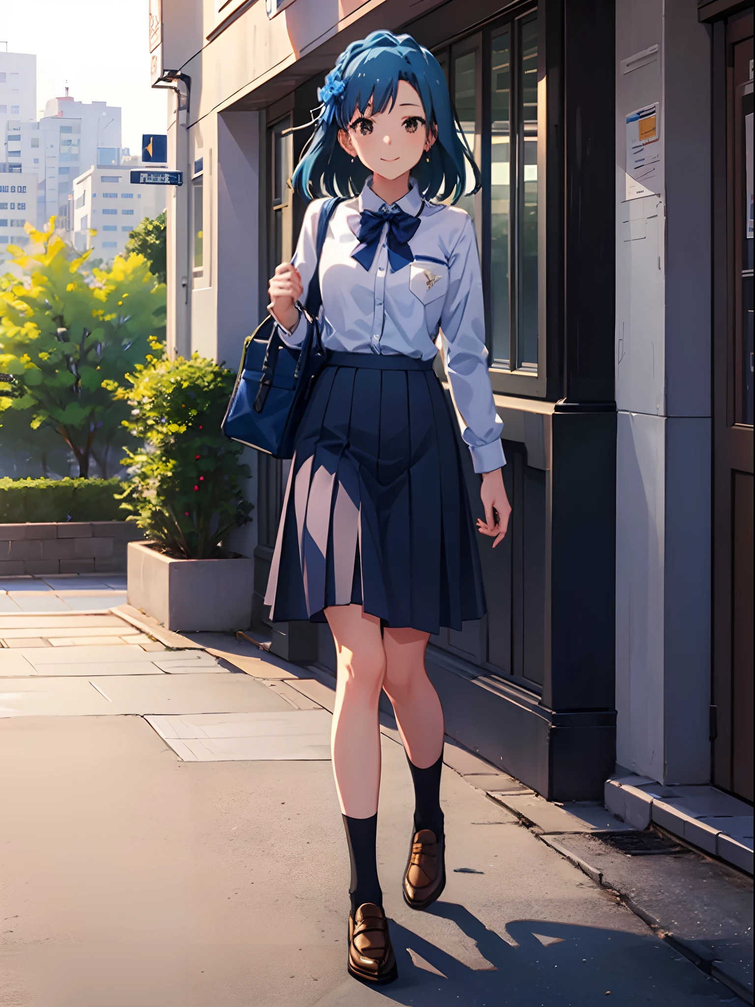 yuriko nanao (million live), 1 girl, Solo, Best Quality, masutepiece, 8K, High resolution, Ultra-detailed, (((walking))), light smile, school uniform, collared shirt, JK skirt, black socks, brown footwear, loafers, school bag, shoulder bag, large bag, outdoor, city, sidewalk