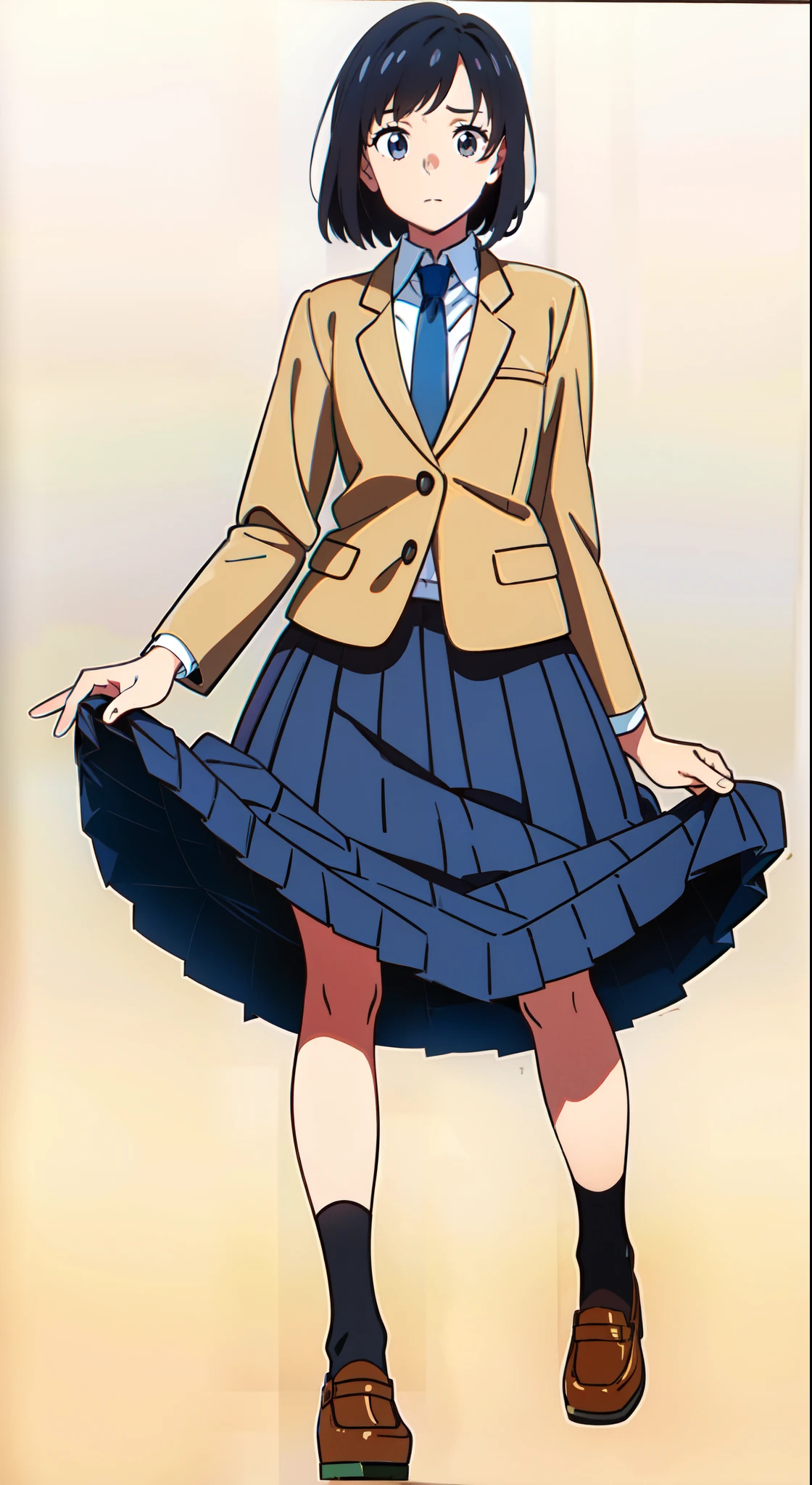(one's skirt lift:1.5), (white background:1.1), (best quality:1.1), (masterpiece:1.1), (full body:1.0), (solo:1.0), (a 18yo cute girl:1.1), (long skirt:0.3), (dark blue skirt:1.5), (pleated skirt:1.1), (school uniform beige blazer:1.0), (dark blue necktie:1.0), (black socks:1.0), (loafers:1.0), (lanky:1.1), (tall:1.1), (slender:1.1), (small breasts:1.1), (detailed beautiful eyes:1.0), (detailed beautiful face:1.0), (glowing black eyes:1.0), (short hair:1.0), (strait hair:1.0), (black hair:1.0)