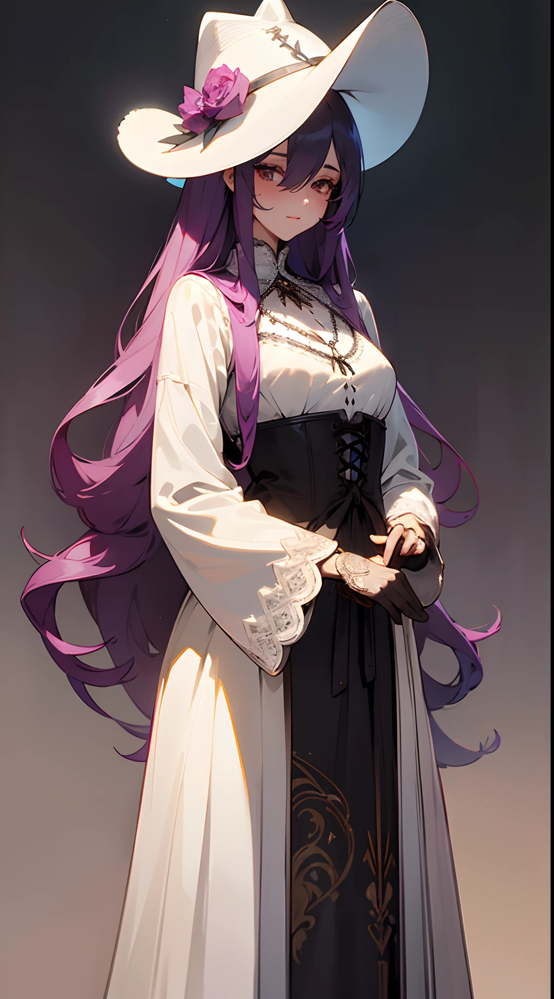 Beautiful woman , very long hair , spiky hair , brown eyes , magenta hair , hair over one eye , age 36
(masterpiece, best quality:1.3),beautiful detailed glow,best illuminate,(((best quality,textile shading,ultra detailed))),extremely detailed CG unity 8k wallpaper,Highly Detailed beautiful and aesthetic,best light,high resolution,detailed,dynamic lighting , 1Character , pastel washed out colors , cell shade , soft, muted shades ,gentle colors ,
She wears a wide-brimmed, pointed hat in deep midnight black, adorned with silver crescent moon and star motifs. Her ensemble includes a flowing, floor-length gown in a rich plum hue, featuring intricate lace detailing, sheer fabric, and a high-low hem, a tailored, silver-embroidered corset with a deep V-neckline, elbow-length gloves are made of sheer, silky material, adorned with lace cuffs and intricate runic patterns, silver crescent moon pendant necklace and a collection of silver bangles,((wide brim hat:1.3))