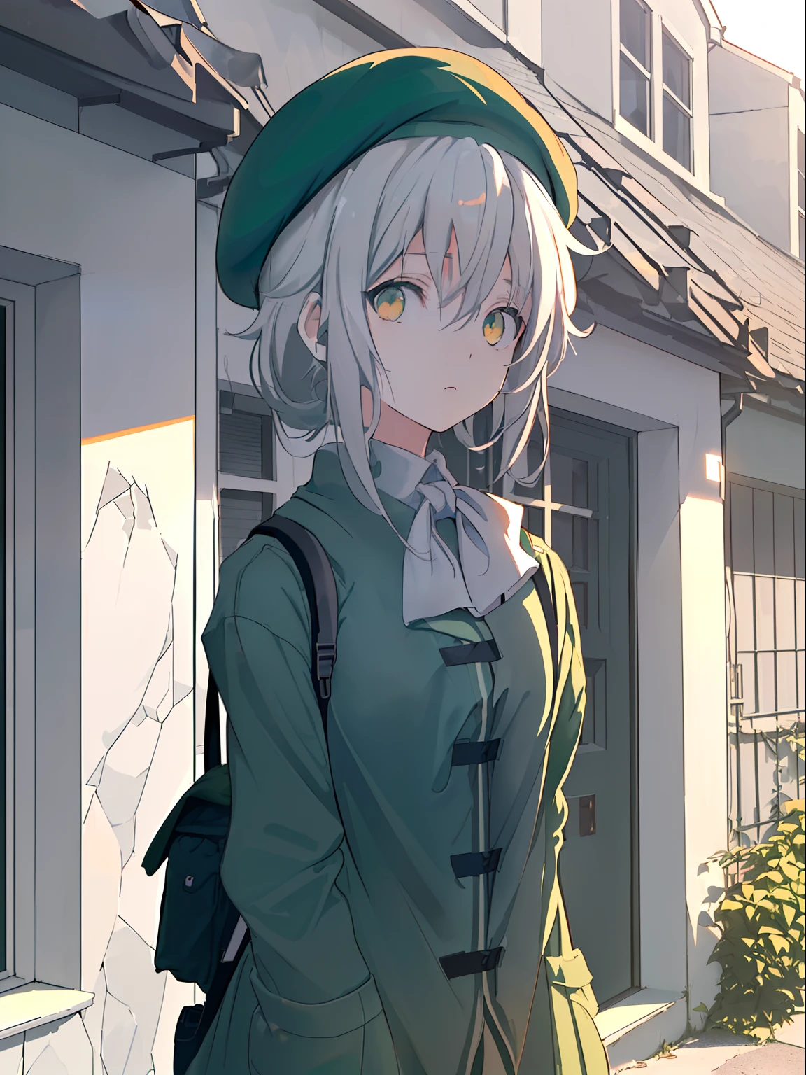 (((day sky)), (green casual clothing), ((girl standing alone outside a house)), high resolution, 8k wallpaper, detailed eyes, (bright orange eyes), ((beret gray)), ((deep thought)), serious look, (soft lighting), (soft light), (messy white hair), (((looking towards viewer))), fov, backpack on the back, minimalist anime , rule of thirds, no light shading, slight light (filter)