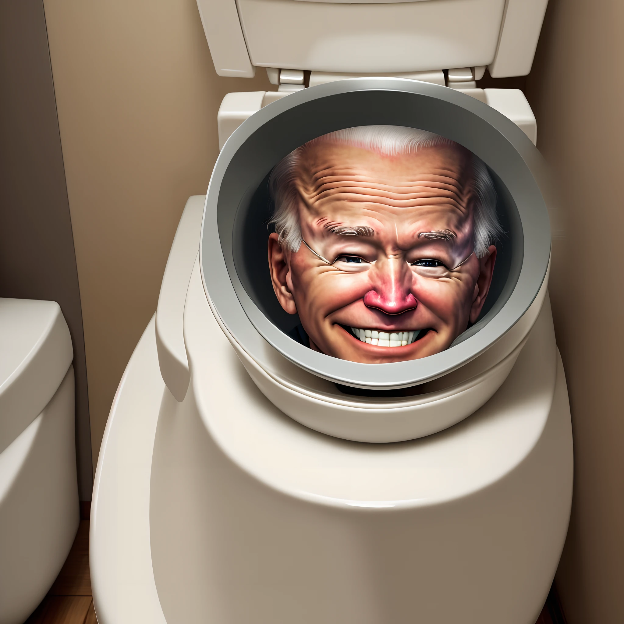 Ultra hd toilet with Joe Biden’s head coming out the bowl smiling psychotically