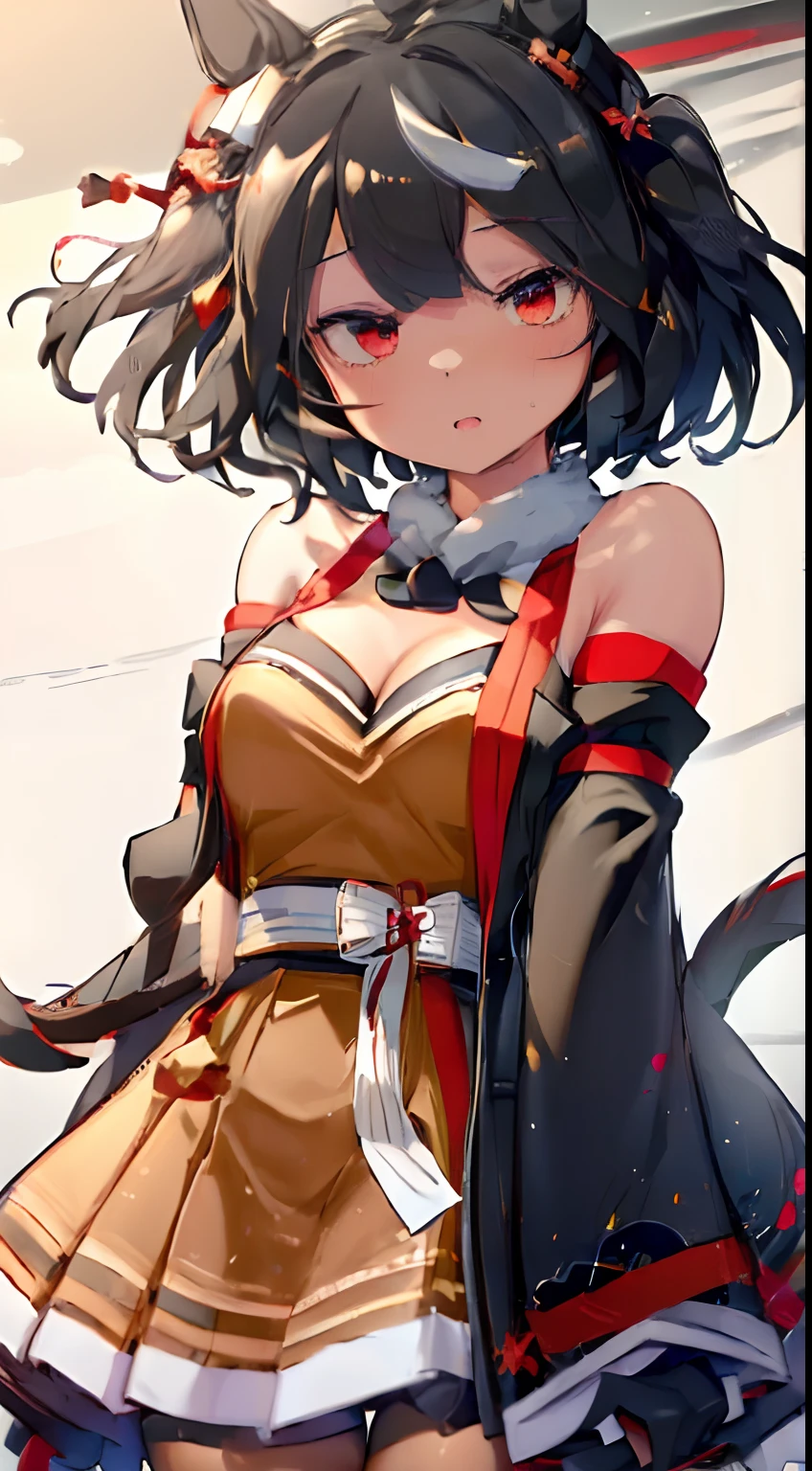 (hight resolution:1.8),kitasan black(Uma Musume),Game Uniform,a short bob,Birdtail Hair,Black hair,white bangs,Black horse ears,Red string hair ornament,Red Eyes,Black tail,Japanese dress,Black and red coat,Yellow clothes,Away Sleeve(1.8),Black and red sleeves,Yellow and black skirt,Red and White Big Rope Ribbon,cleavage of the breast